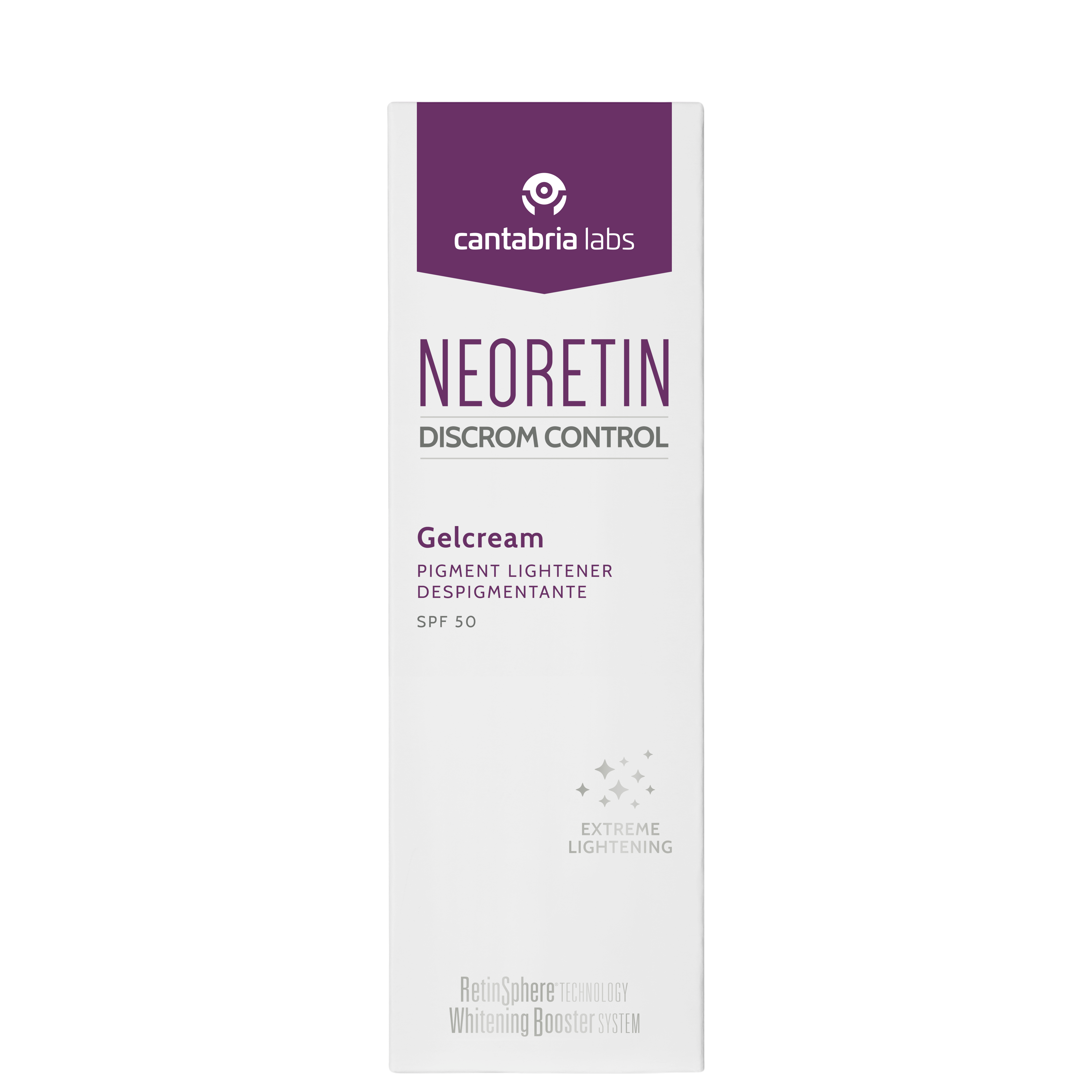 NEORETIN Discrom Control Gelcream SPF50 packaging box for depigmenting facial treatment targeting dark spots and uneven skin tone.