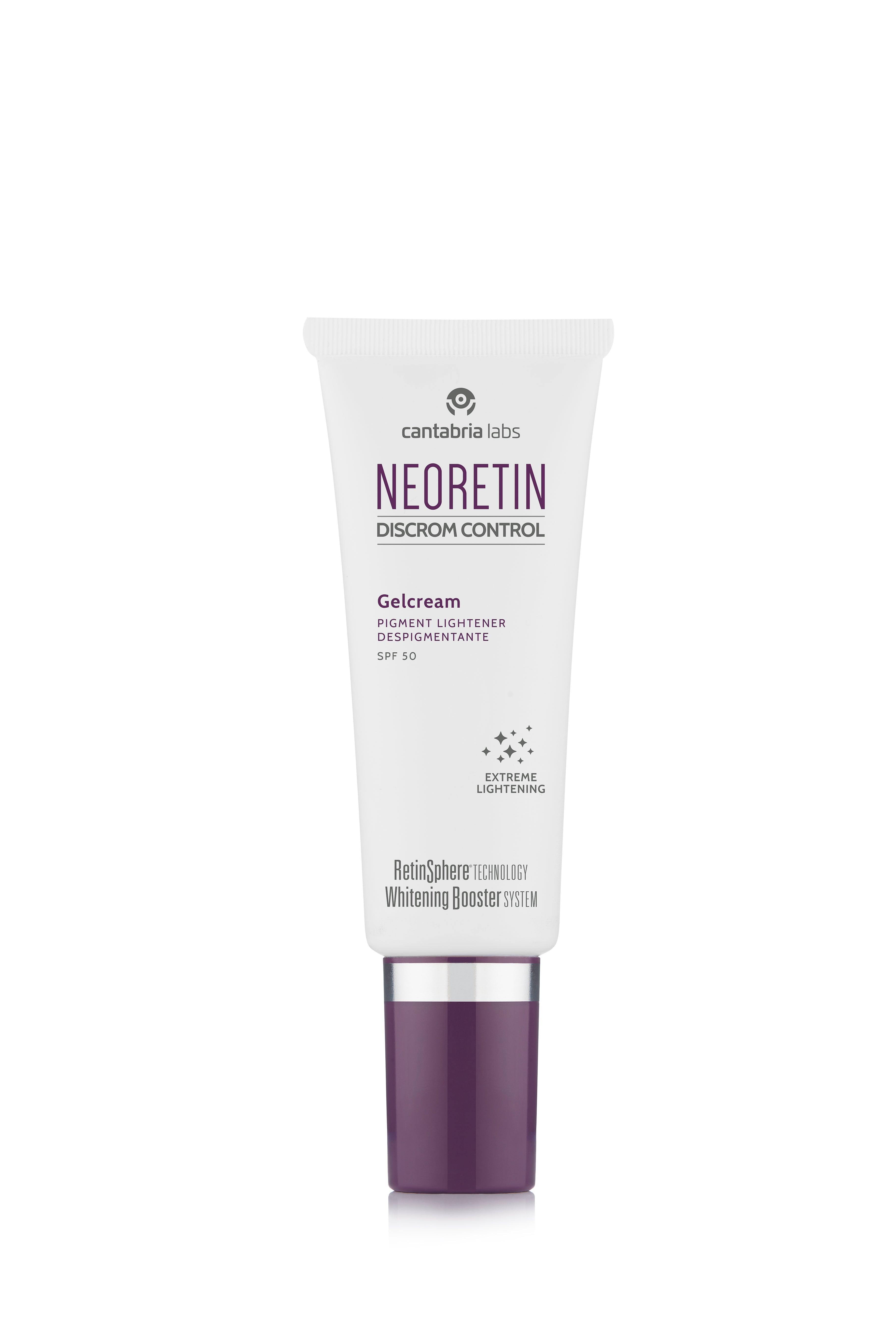 NEORETIN Discrom Control Gelcream SPF50 tube with RetinSphere Technology for brightening and sun protection for all skin types.