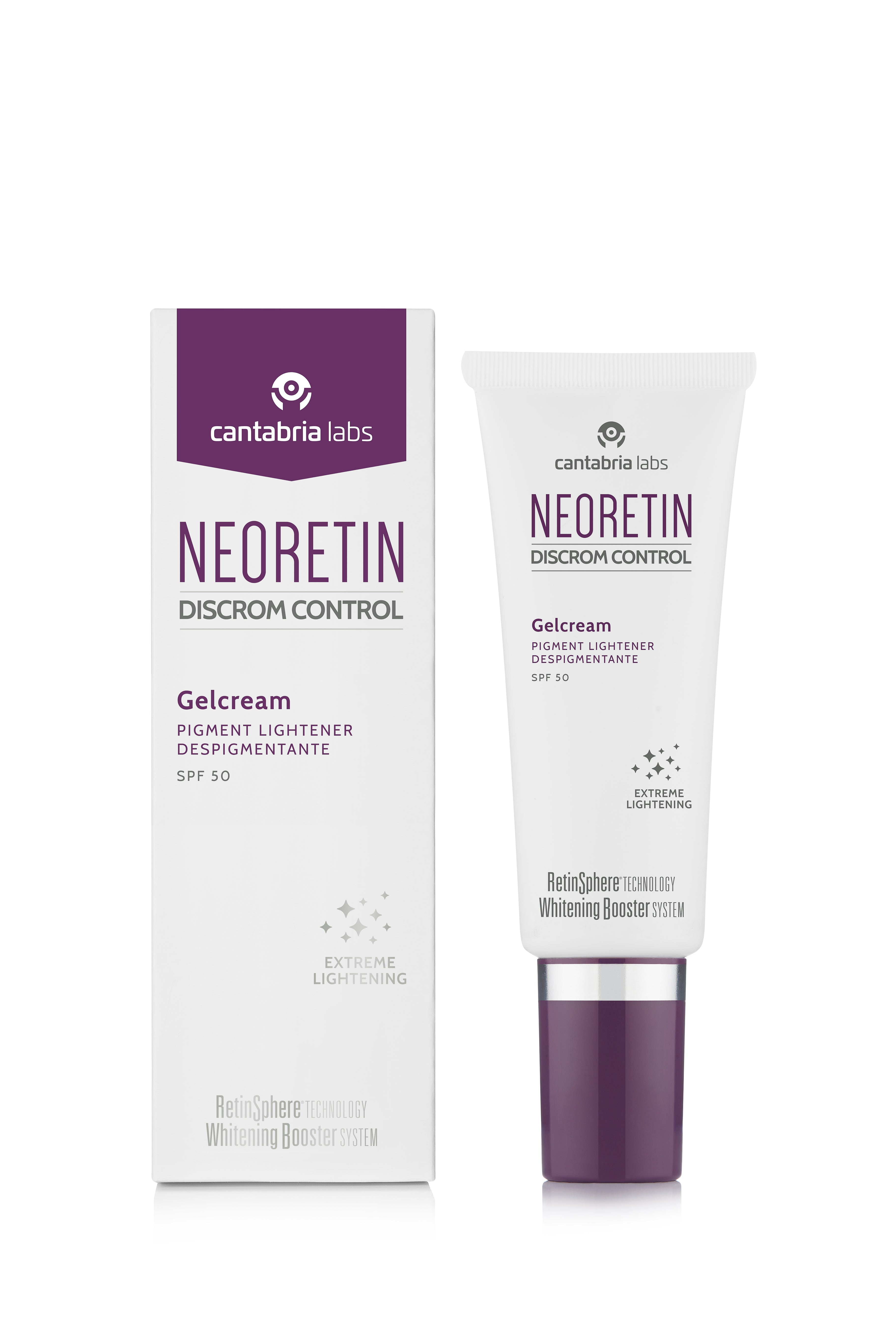 NEORETIN Discrom Control Gelcream SPF50 with box and tube, a depigmenting skincare solution for hyperpigmentation and sun protection.