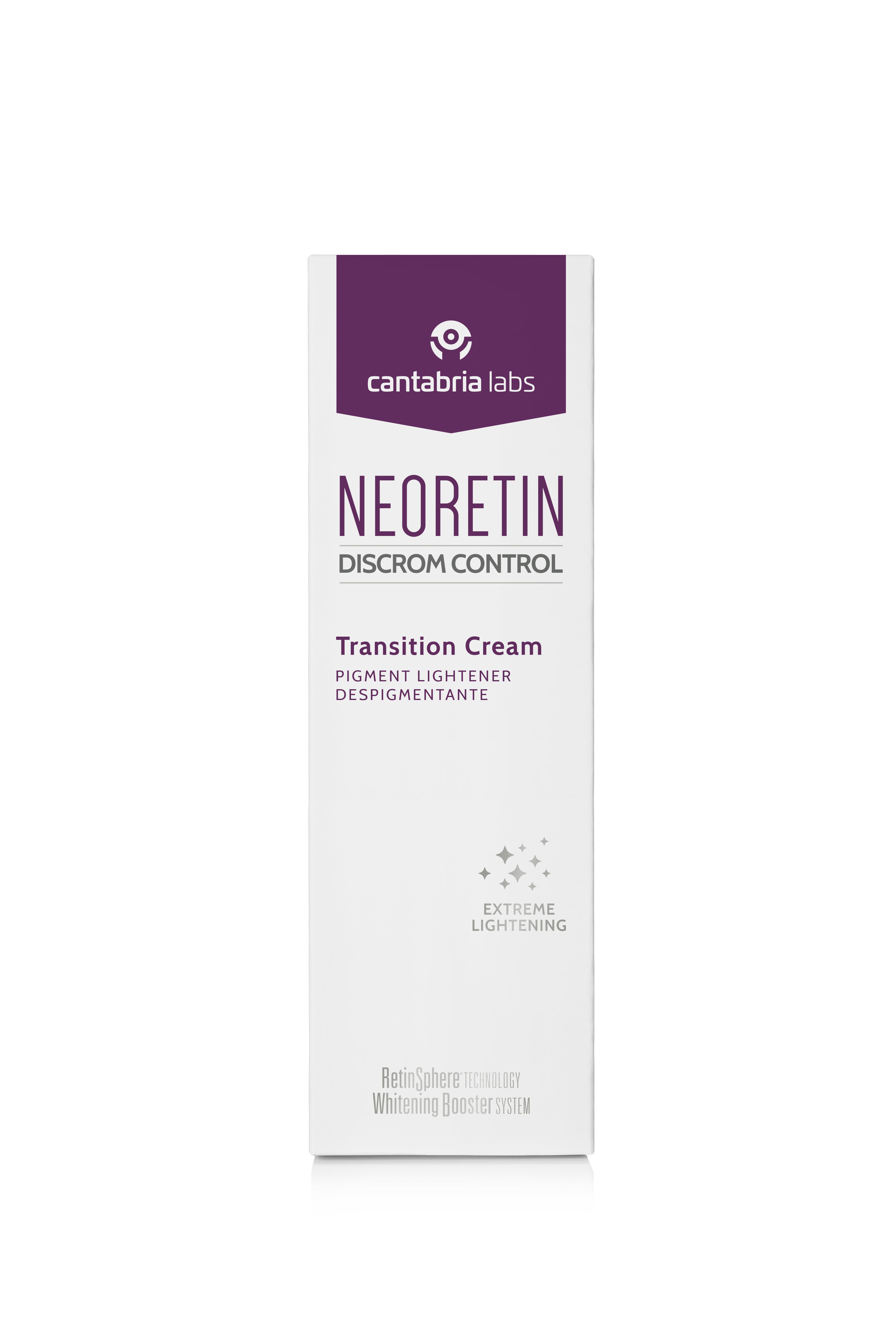 Neoretin Discrom Control Cream - Pigments | Hydrating product box showing branding and extreme lightening benefits for uneven skin tone and pigmentation.