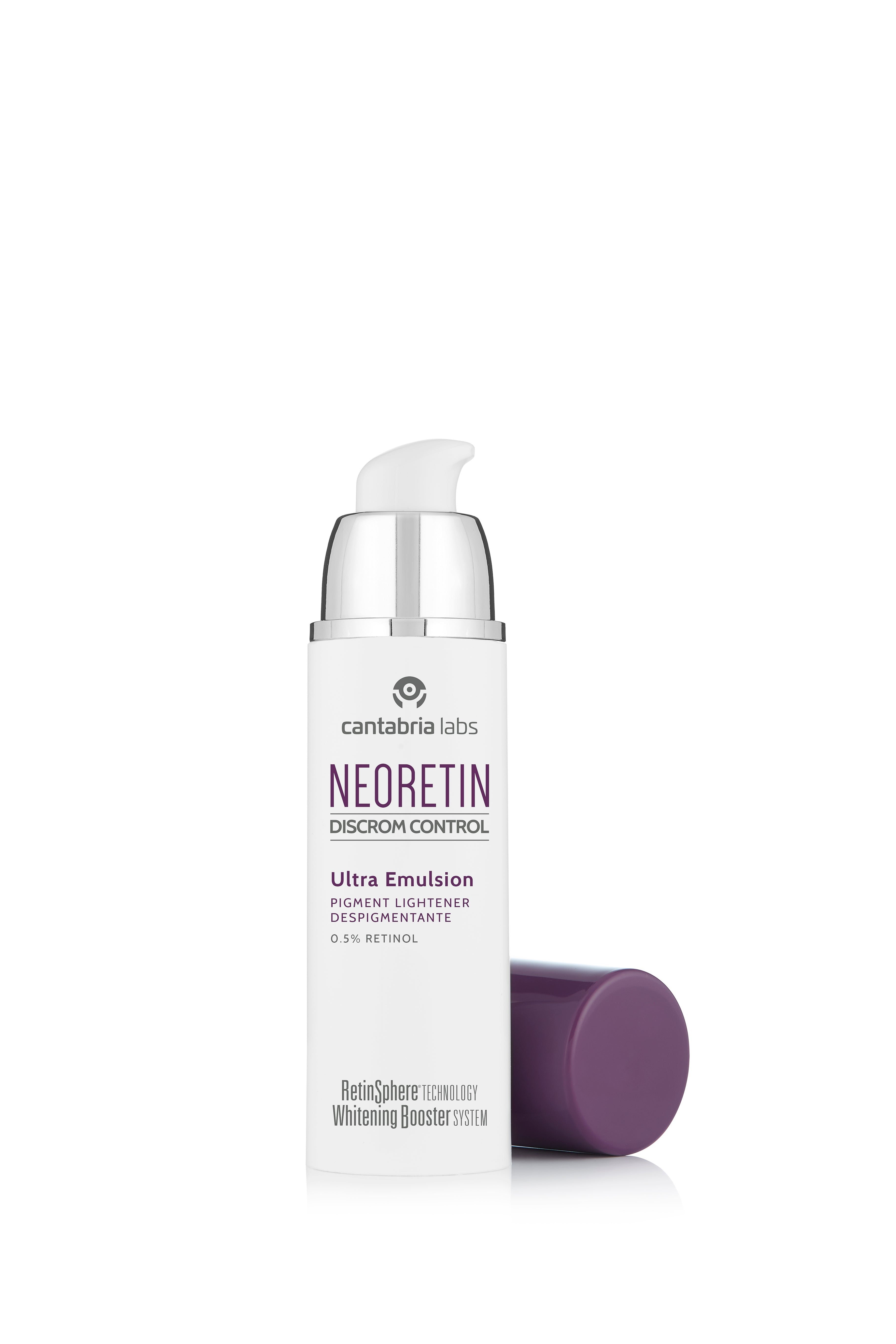 Neoretin Discrom Control Ultra Emulsion 30 ML with pump dispenser, ideal for sensitive skin and dark spot reduction using RetinSphere® Technology.