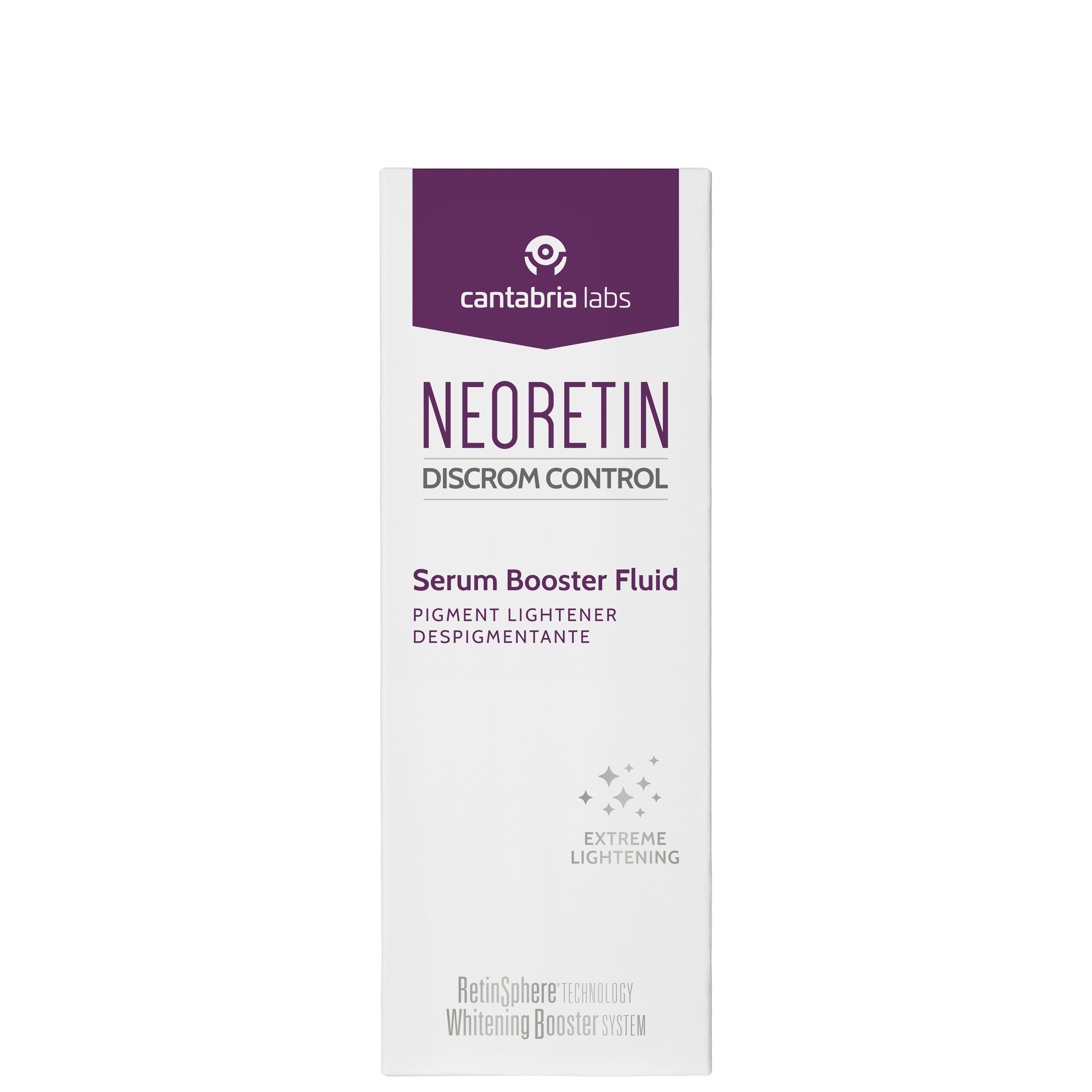 Neoretin Discrom Control Serum Booster Fluid 30ml box packaging for dark spot treatment with RetinSphere Technology. Ideal for hyperpigmentation care.