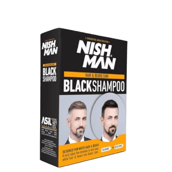 Nishman Black Coloring Set - Hair Beard Coloring Shampoo box packaging for black hair and beard, ideal for quick white hair coverage.
