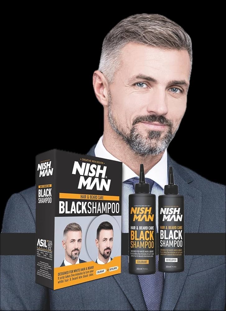 Nishman Hair & Beard Coloring Shampoo Set with model showing before and after black hair results, includes colorant and developer bottles.