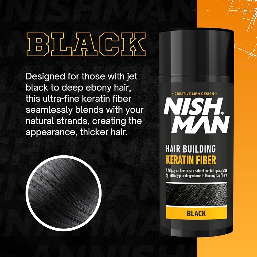 Nishman Hair Building Keratin Fiber in black for jet black to ebony hair, offering a fuller, natural look by blending with thinning strands.