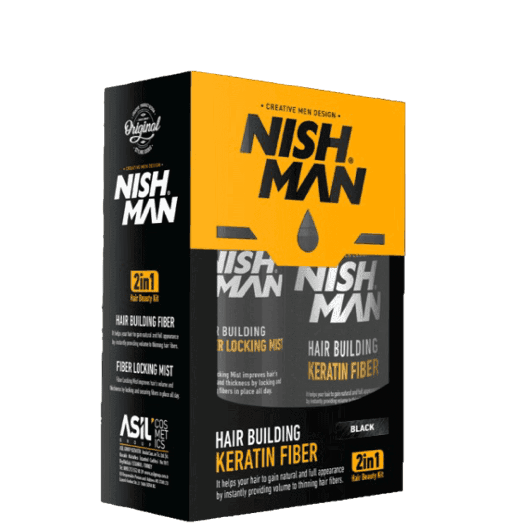 Nishman Hair Fiber Kit - Hair Building Keratin | 2 in 1 Kit in black color, featuring keratin fiber and locking mist for hair loss concealing.