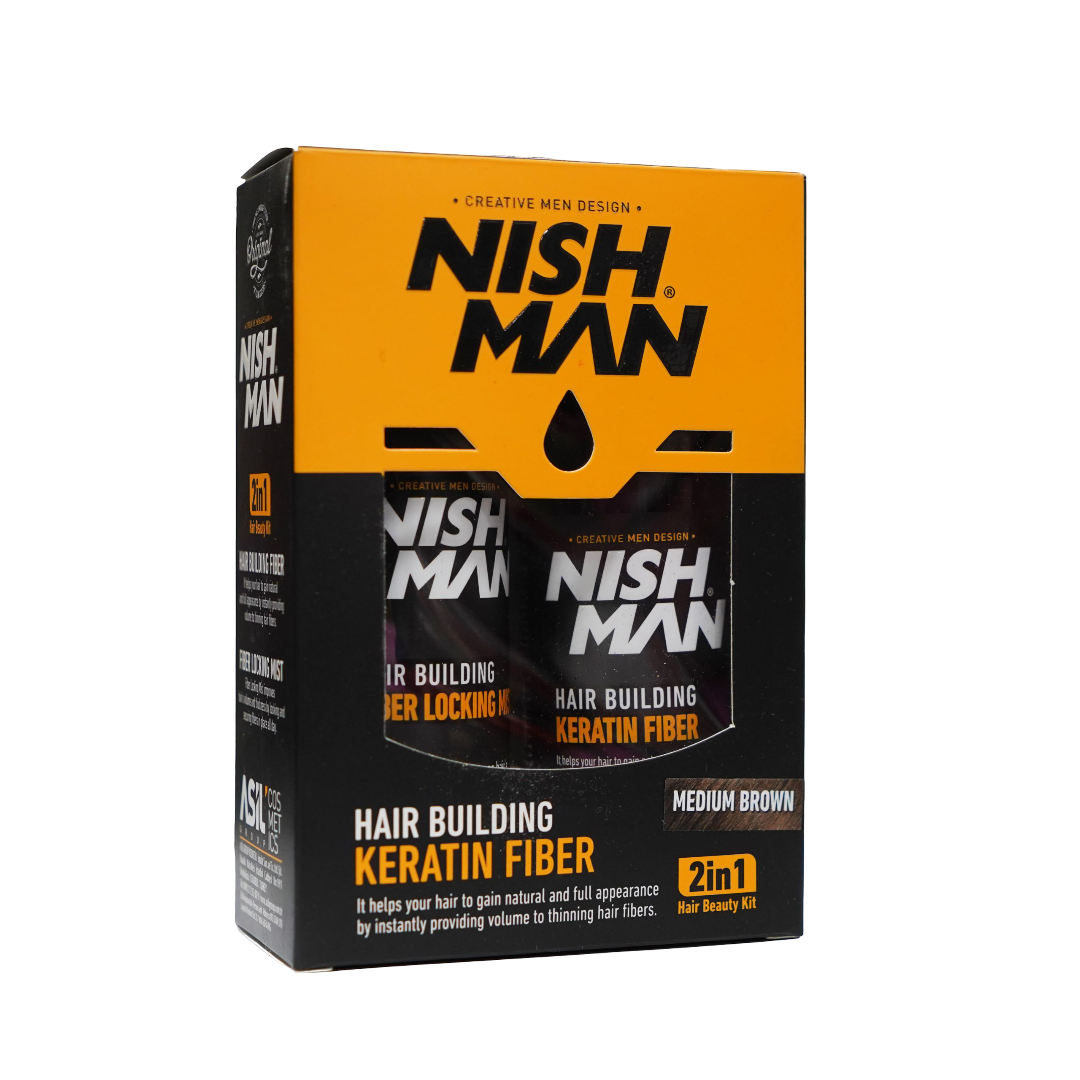 Nishman Hair Fiber Kit - Hair Building Keratin 2 in 1 Kit in Medium Brown for all hair types. Includes fiber and locking spray for fuller hair.
