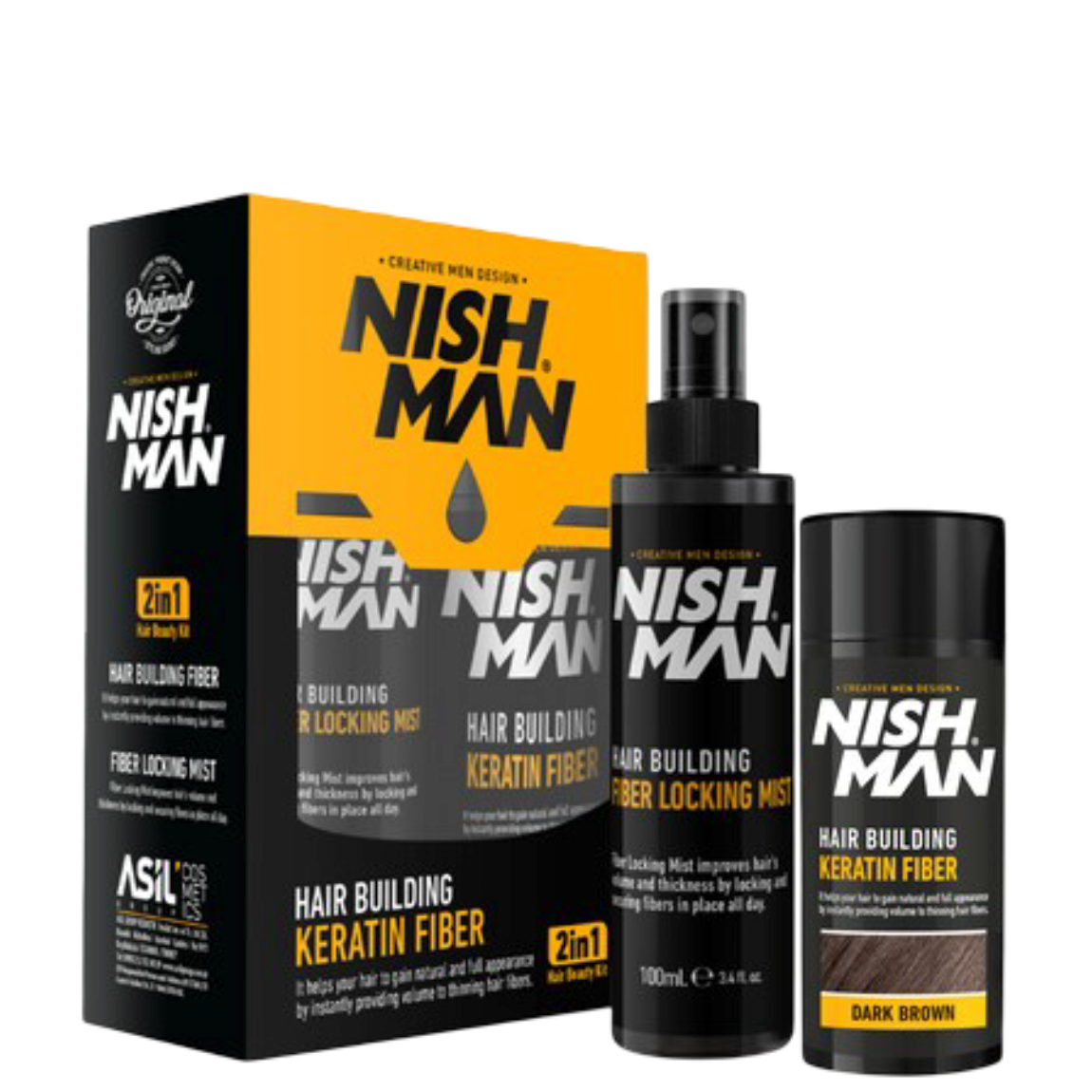 Nishman Hair Fiber Kit - Hair Building Keratin 2 in 1 Kit in dark brown with fiber bottle and locking mist for fuller hair appearance.