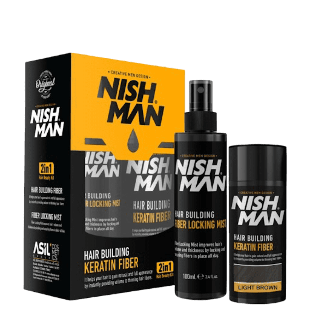 Nishman Hair Fiber Kit - Hair Building Keratin 2 in 1 Kit in Light Brown includes fiber spray and locking mist for fuller hair appearance.