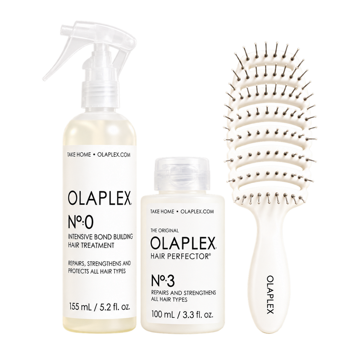 Clear spray bottle of Olaplex No.0 Intensive Bond Building Hair Treatment with white label, black text, and spray nozzle, alongside a white hairbrush with metal pins