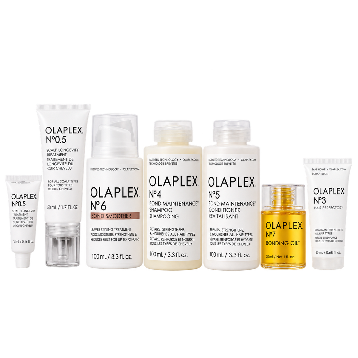 Set of Olaplex hair care products including scalp treatment, bond smoother, shampoo, conditioner, bonding oil, and leave-in treatment for healthy, shiny hair
