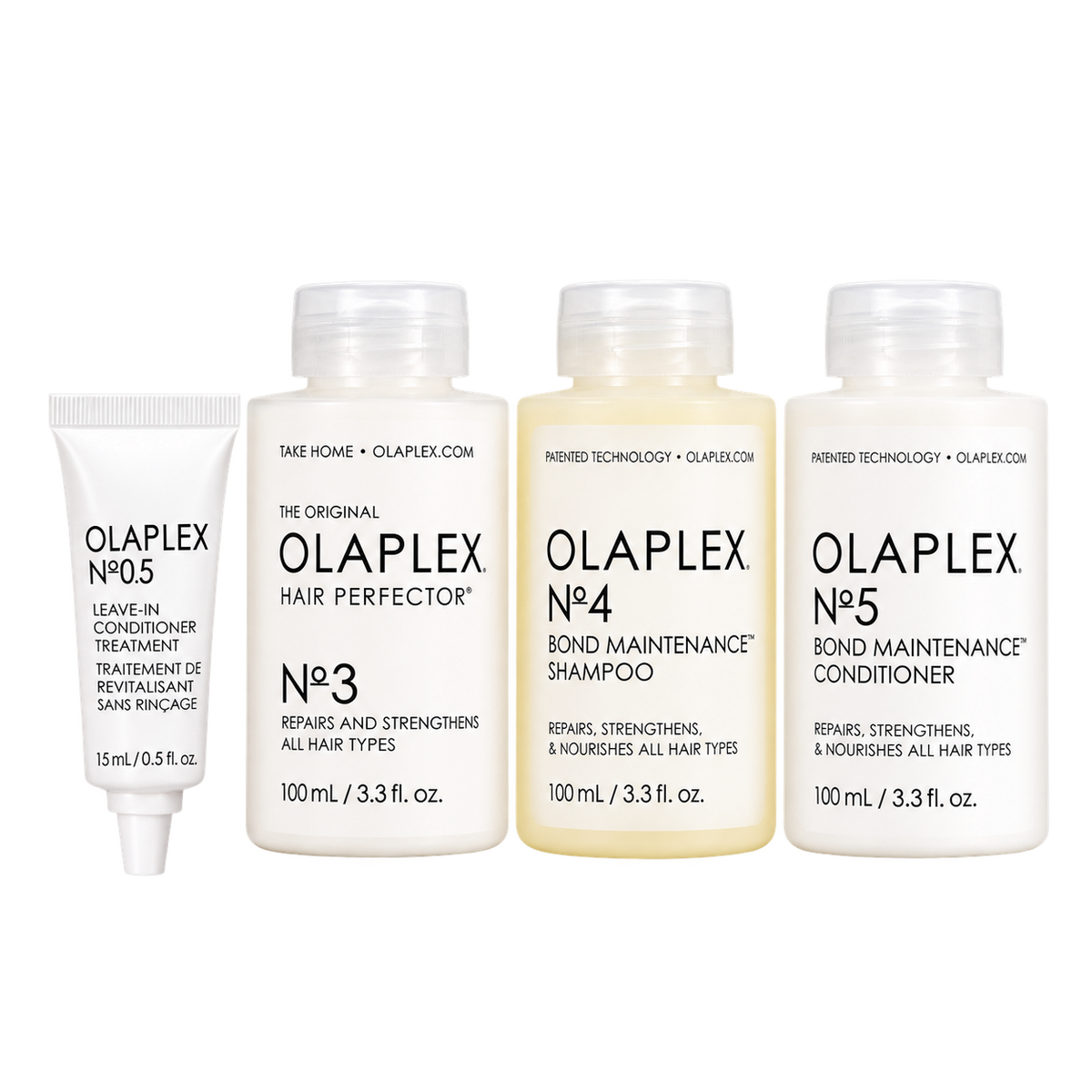 Set of Olaplex hair care products including No.0.5 leave-in conditioner, No.3 hair perfector, No.4 shampoo, and No.5 conditioner, all in white bottles for damaged, bleached, or colored hair.