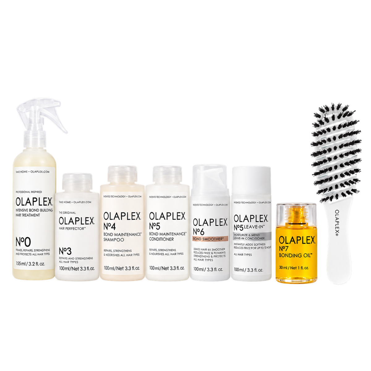 Set of Olaplex hair repair products including bond building spray, shampoos, conditioners, bond smoother, bonding oil, and a hairbrush for damaged, bleached, or colored hair