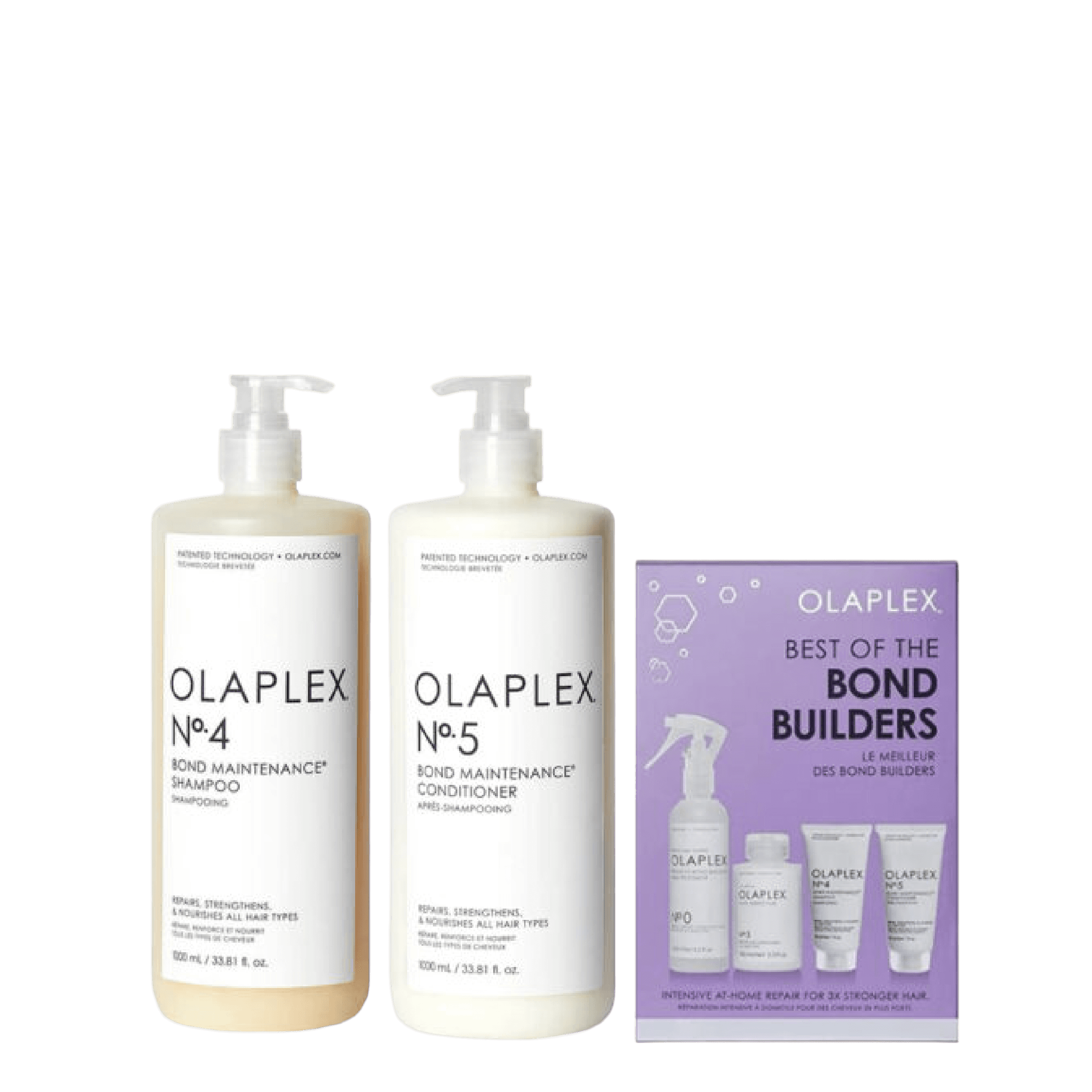 Olaplex Big Repairing Kit featuring No. 4 Bond Maintenance Shampoo, No. 5 Bond Maintenance Conditioner, and a Bond Builders set for hair repair and strength.
