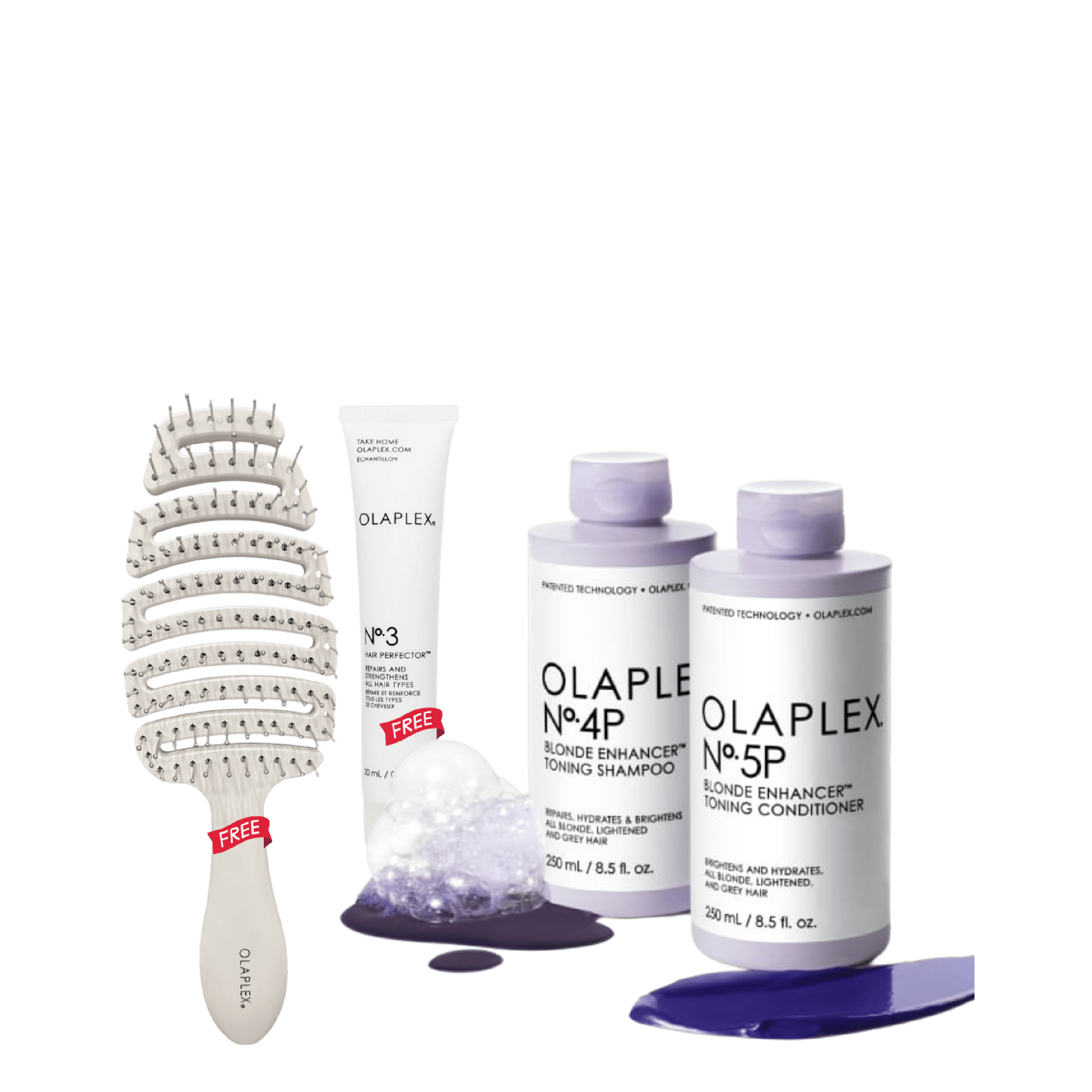 Olaplex Blonde Enhancer Toning Hair Kit featuring No.4P toning shampoo, No.5P conditioner, No.3 treatment, and a detangling brush for vibrant blonde hair.