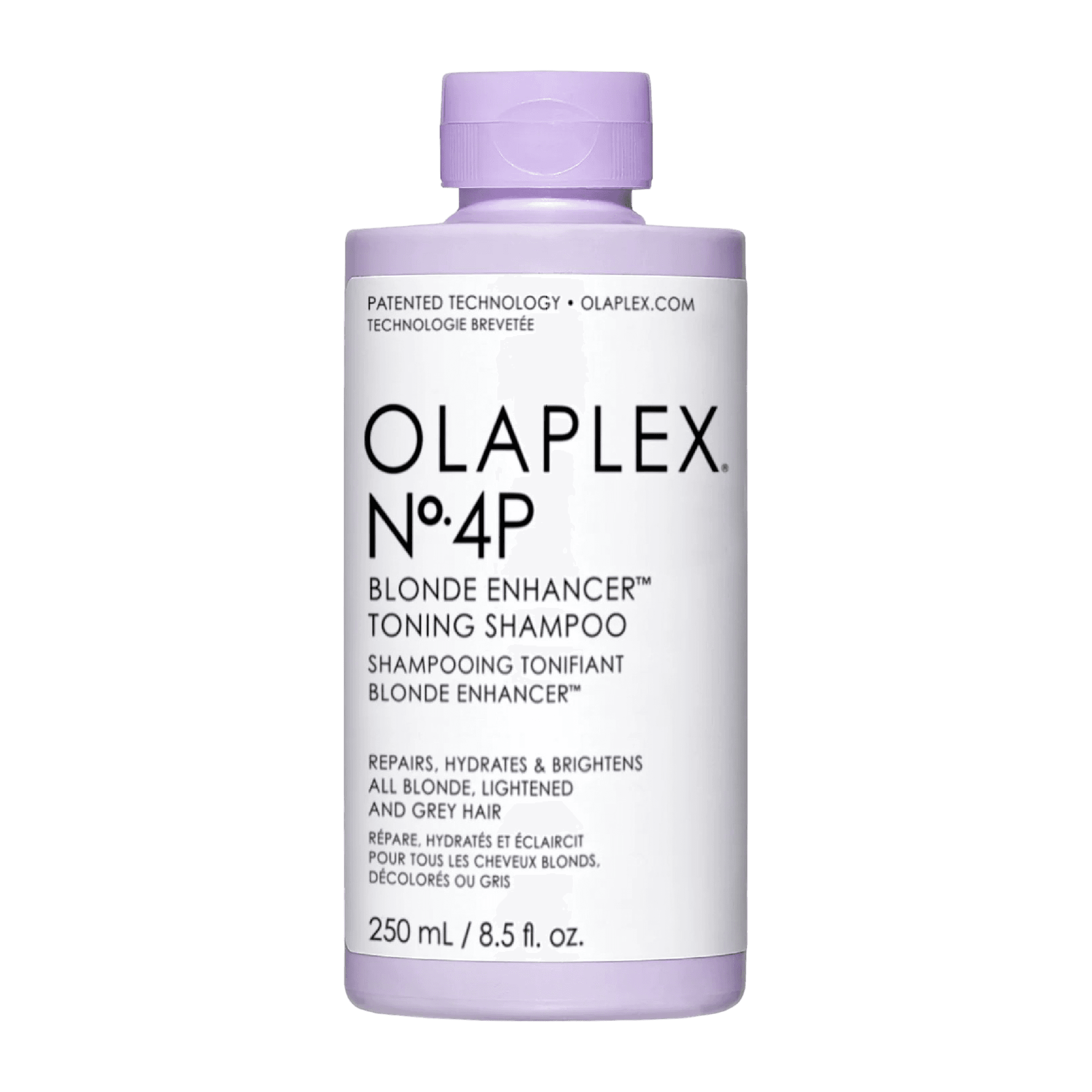 Olaplex Blonde Enhancer Toning Shampoo No.4P 250 ml, a highly concentrated purple shampoo designed to cleanse, tone, and repair blonde and lightened hair while neutralizing brassiness.