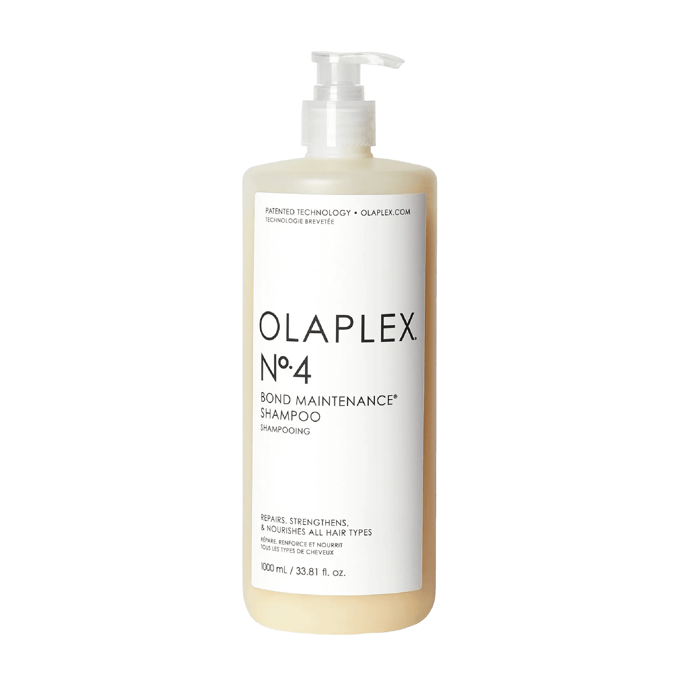 Olaplex Bond Maintenance Shampoo No.4 1000 ml in a pump bottle, designed to repair and strengthen all hair types while reducing frizz and breakage.