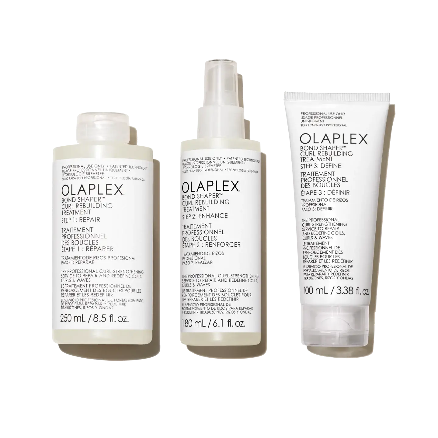 Olaplex Bond Shaper Curl Rebuilding Treatment Kit featuring three bottles designed to repair, define, and enhance curls while controlling frizz.