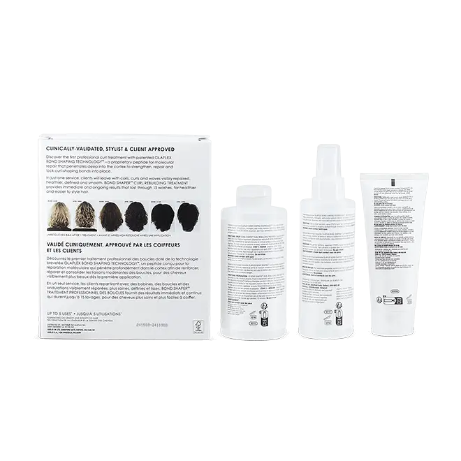 Back view of Olaplex Bond Shaper Curl Rebuilding Treatment Kit packaging and bottles, showcasing product details and benefits for curly hair.