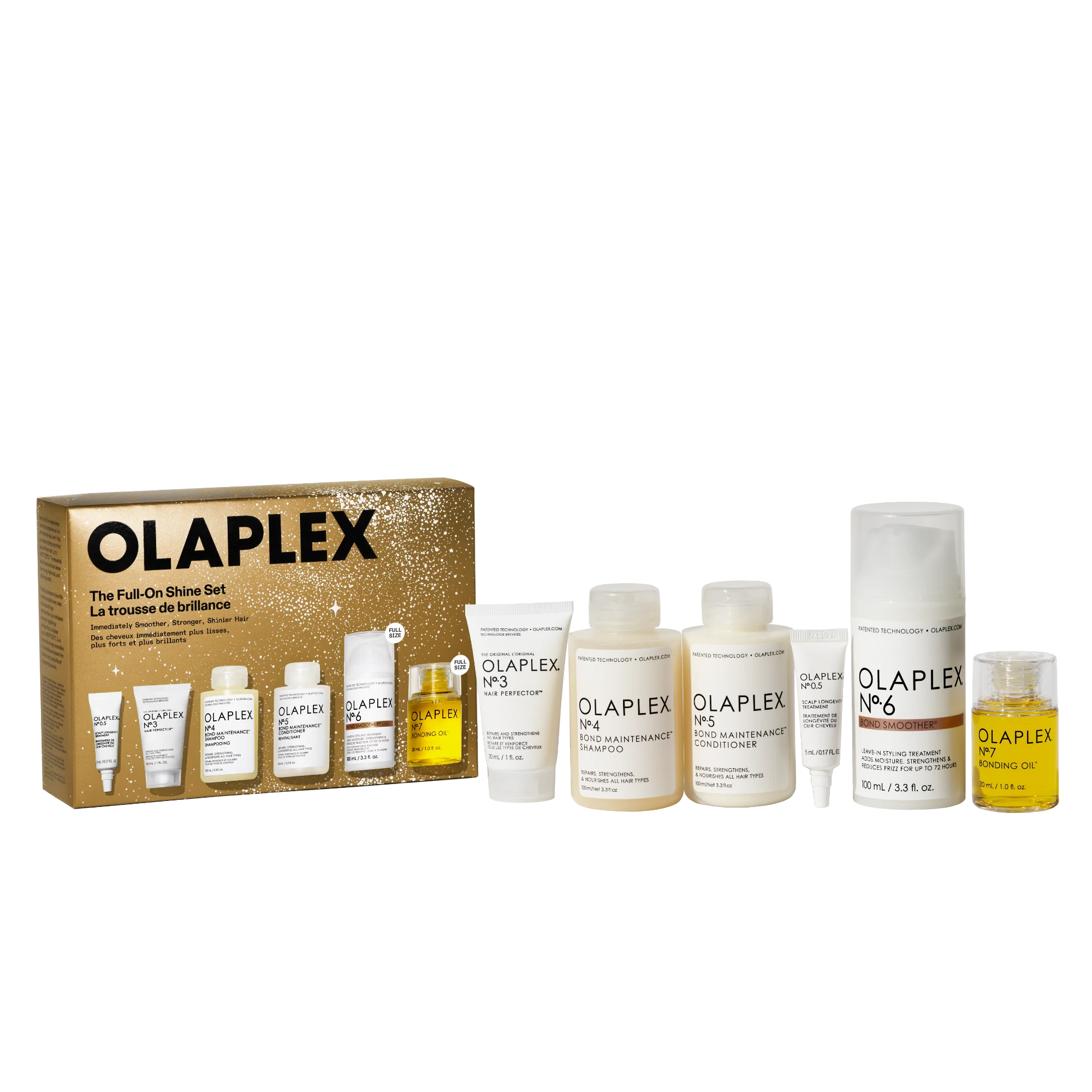 Olaplex The Full-On Shine Set includes No.0.5, No.3, No.4, No.5, No.6, and No.7 products for repairing, hydrating, and boosting shine in all hair types.