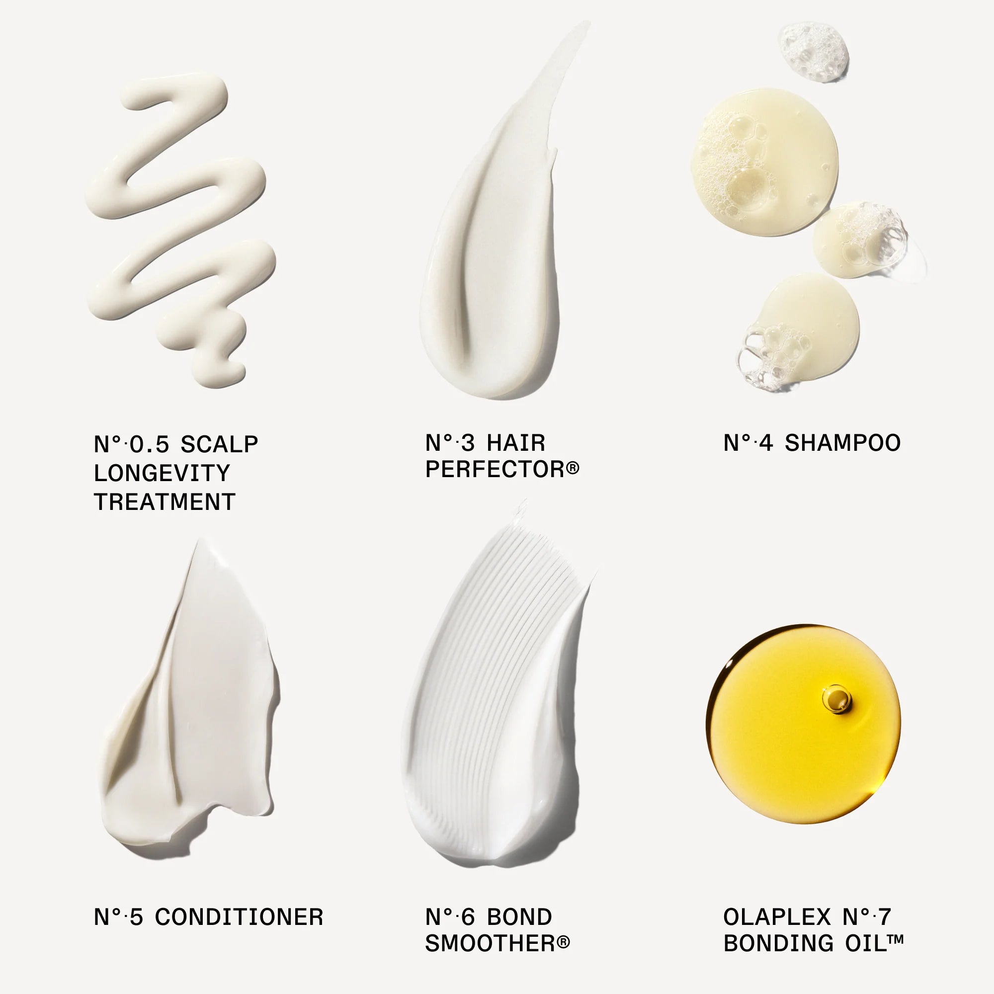 Texture swatches of Olaplex Shine Set products including scalp treatment, hair perfector, shampoo, conditioner, bond smoother, and bonding oil.