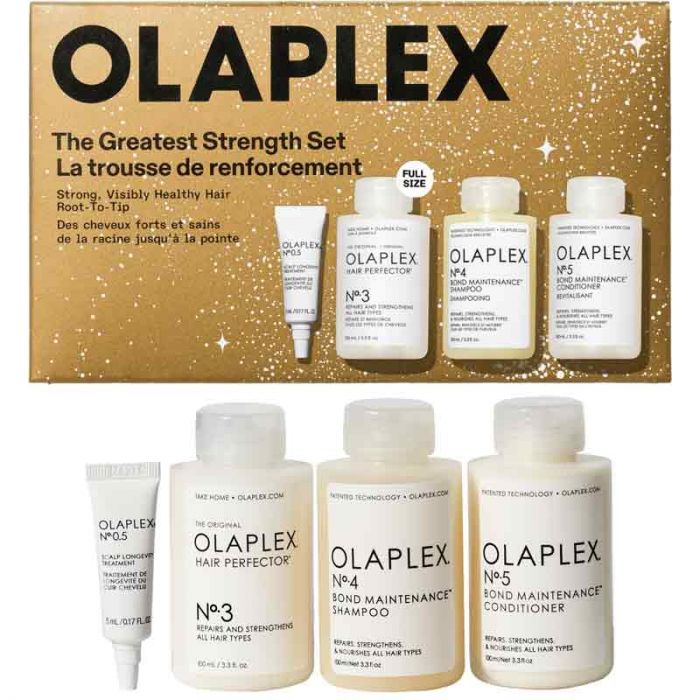 Olaplex Hair Strength Set - Restore & Shine includes No.3 Perfector, No.4 Shampoo, No.5 Conditioner, and bonus No.0.5 Scalp Treatment in full sizes.