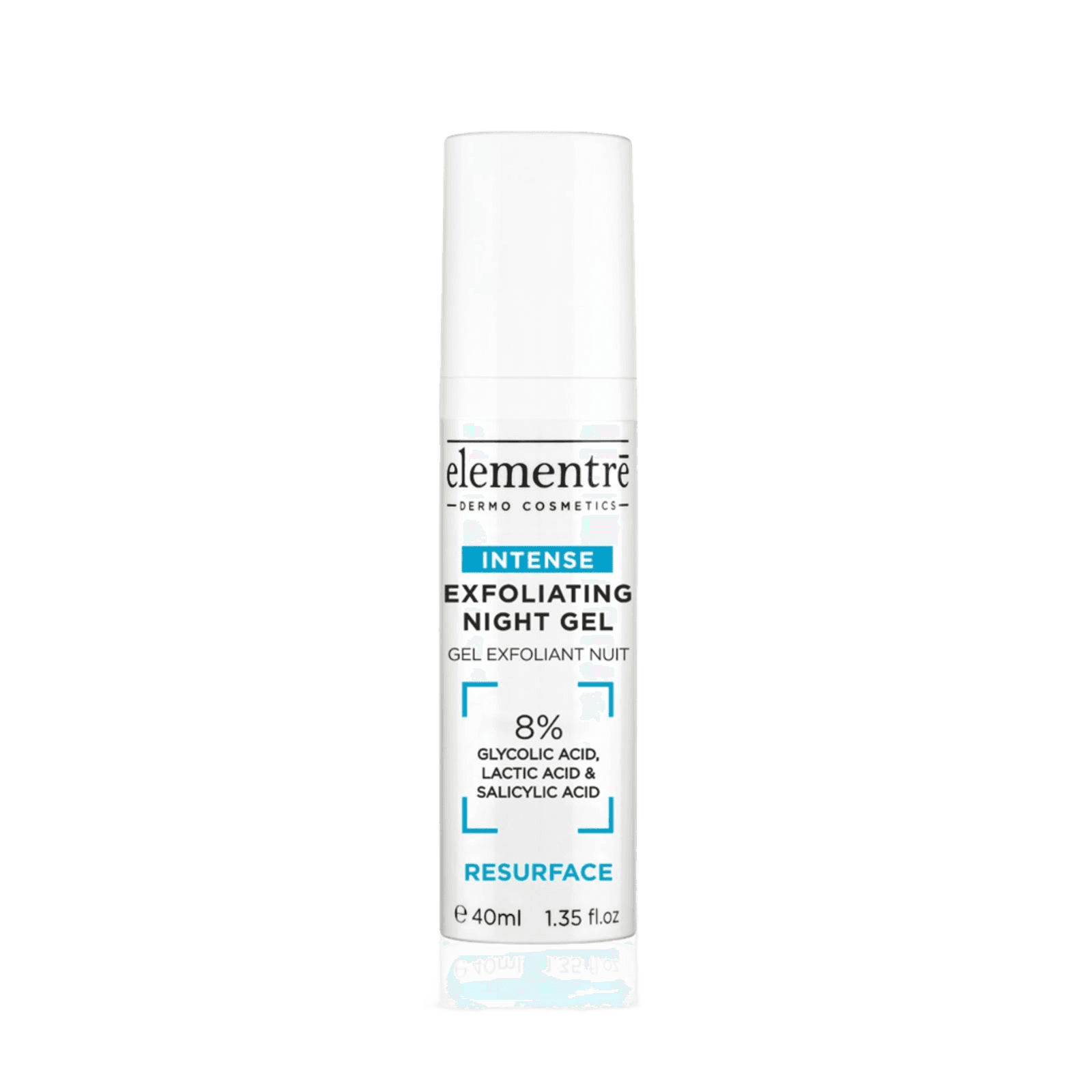 White cylindrical tube of Elementre Intensive Exfoliating Night Gel with blue and black text, containing glycolic, lactic, and salicylic acids, 40ml