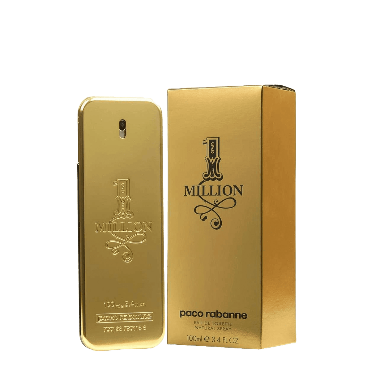 Paco Rabanne One Million Eau de Toilette 100 ml features a luxurious gold bar-inspired bottle with an opulent design. This bold men's fragrance blends spicy cinnamon, leather, and amber for a seductive scent.