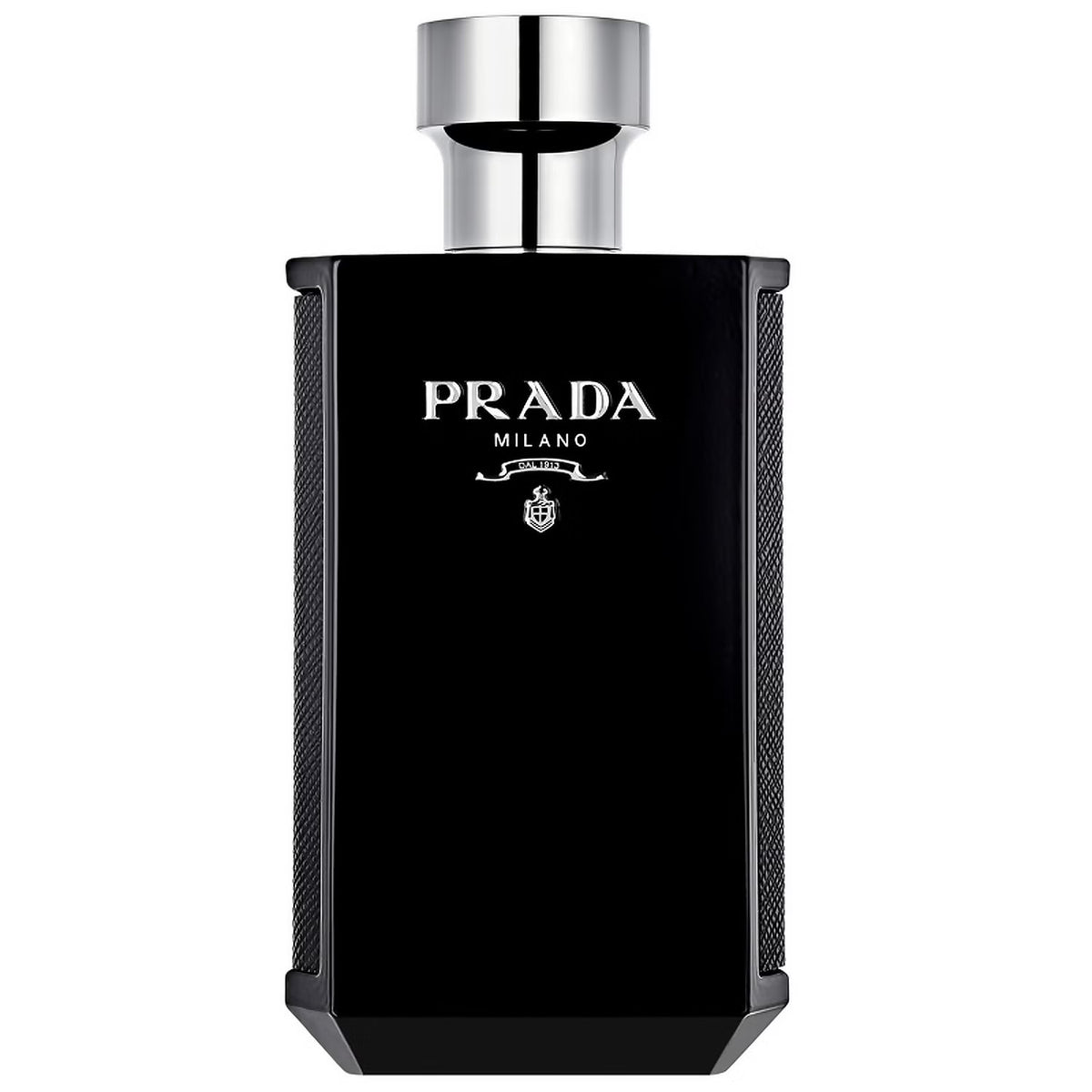 Prada L'Homme Intense EDP 100 ml bottle for men featuring sleek black design with silver cap, ideal for oriental woody fragrance lovers.