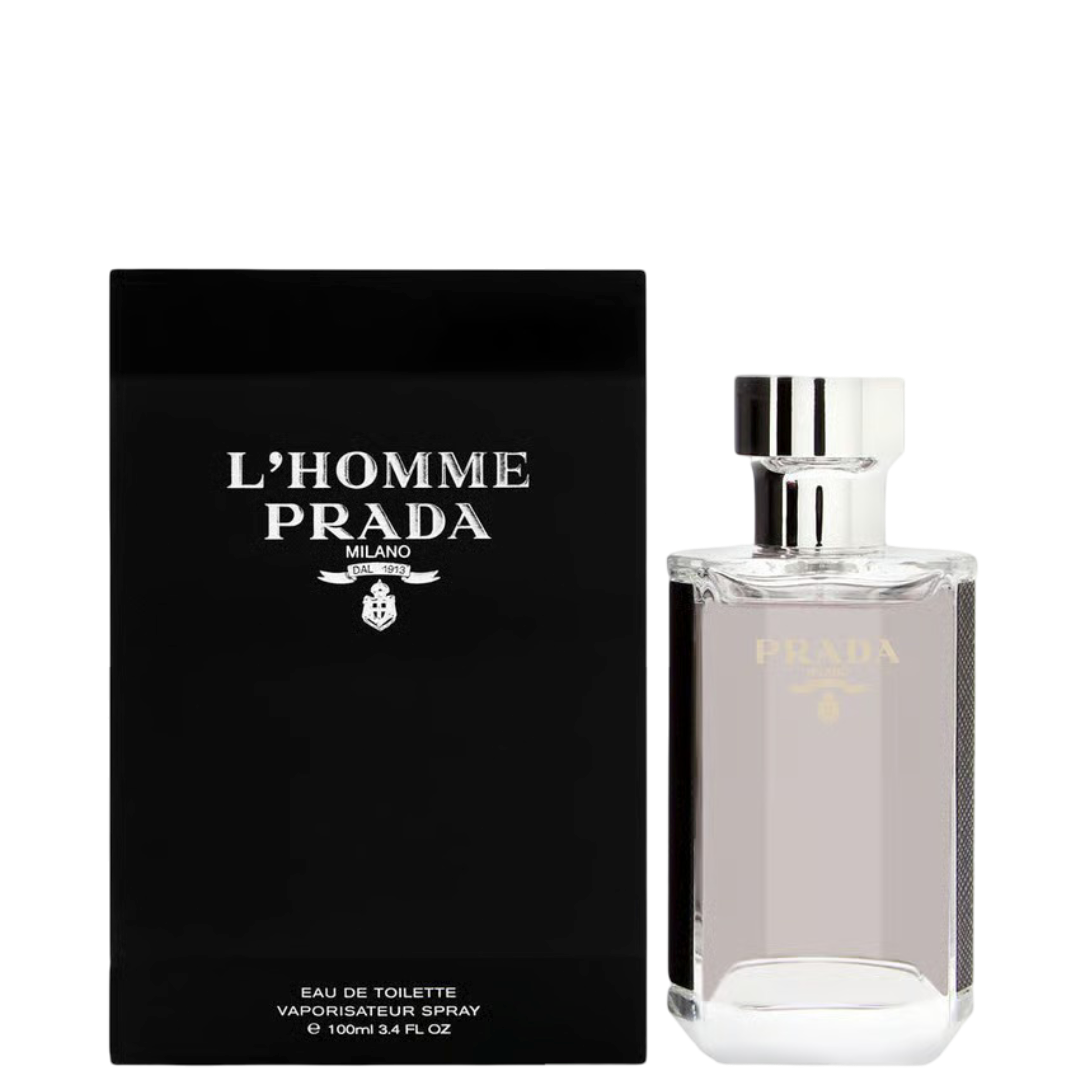 Prada L'Homme Eau De Toilette 100 ml bottle and box in sleek black packaging, a woody chypre men's fragrance in the perfumes category.