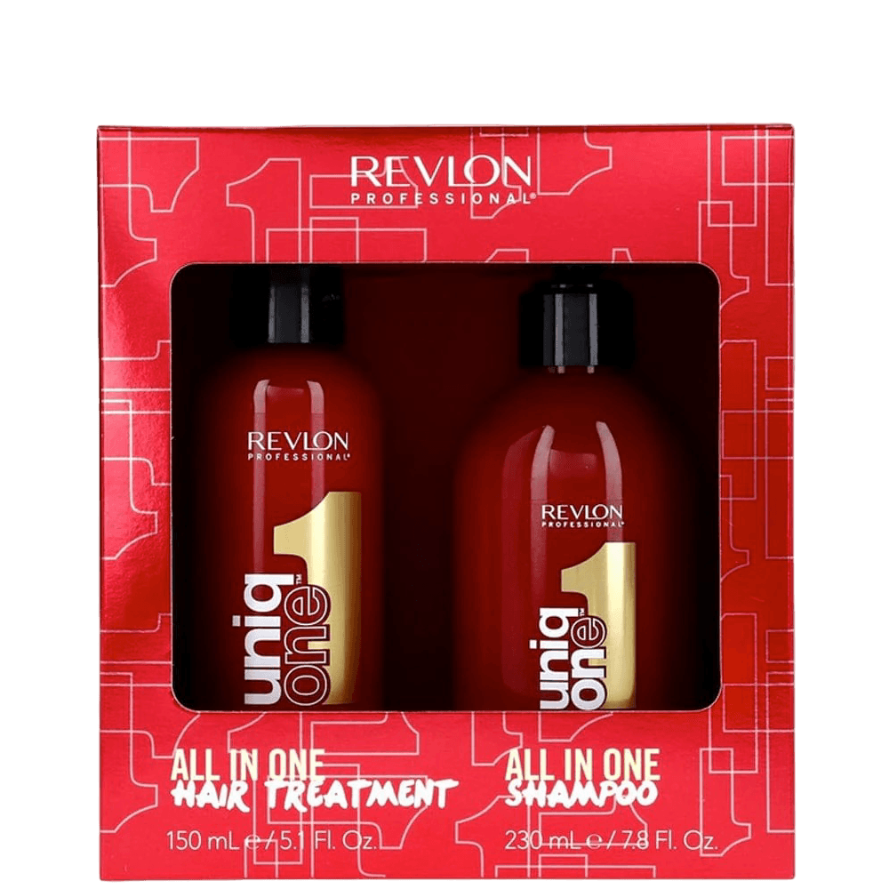 Revlon Uniq One Shampoo and Conditioner set in red box with transparent window