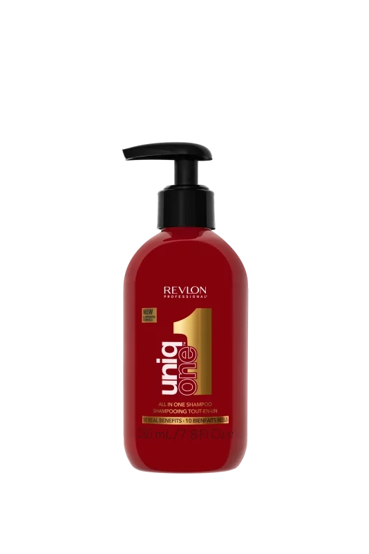 Revlon Uniq One All in One Hair Treatment spray in red bottle with pump