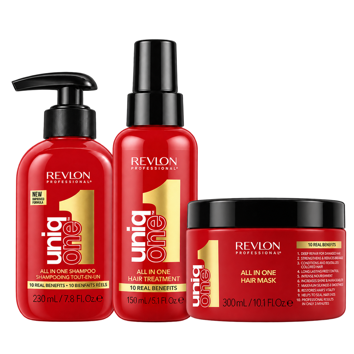 Revlon Uniq One all-in-one hair care kit with red bottles including shampoo, treatment spray, and hair mask, featuring black caps for healthy hair