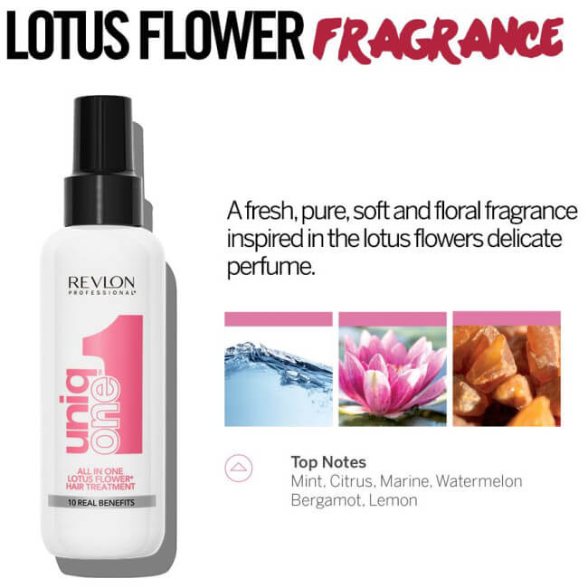 Revlon Uniq One Leave-in with lotus flower fragrance, featuring top notes of mint, citrus, and bergamot for a fresh hair scent.