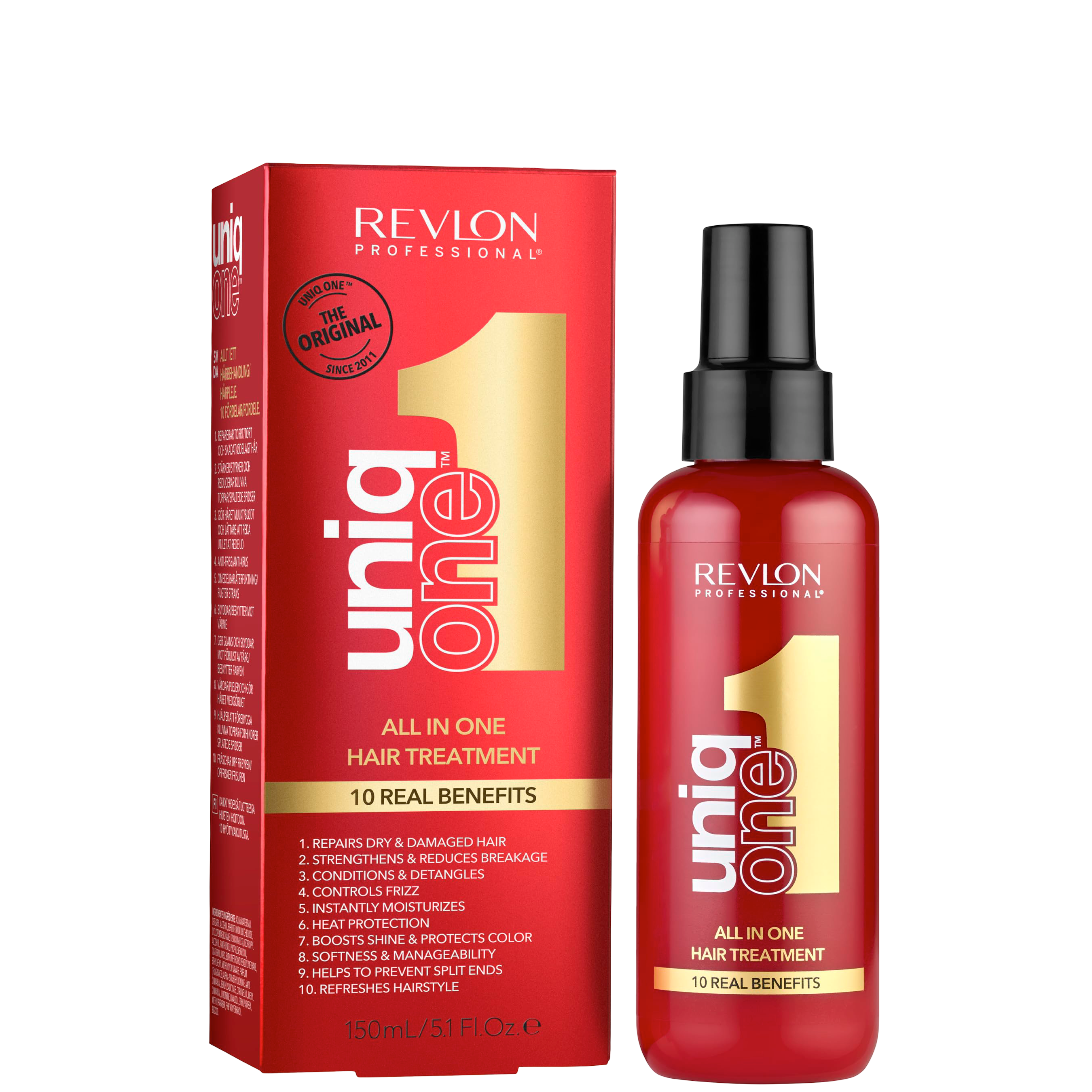 Revlon Uniq One Original Leave-in 150 ml with box packaging, showcasing 10 real benefits for repairing and detangling all hair types.
