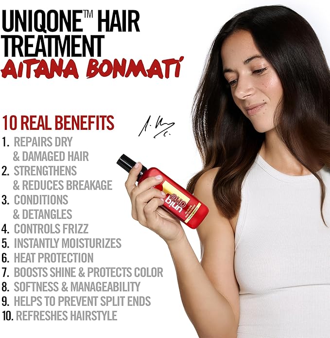 Revlon Uniq One Original Leave-in 150 ml held by a woman with long hair, highlighting 10 benefits like repairing dry hair and controlling frizz.
