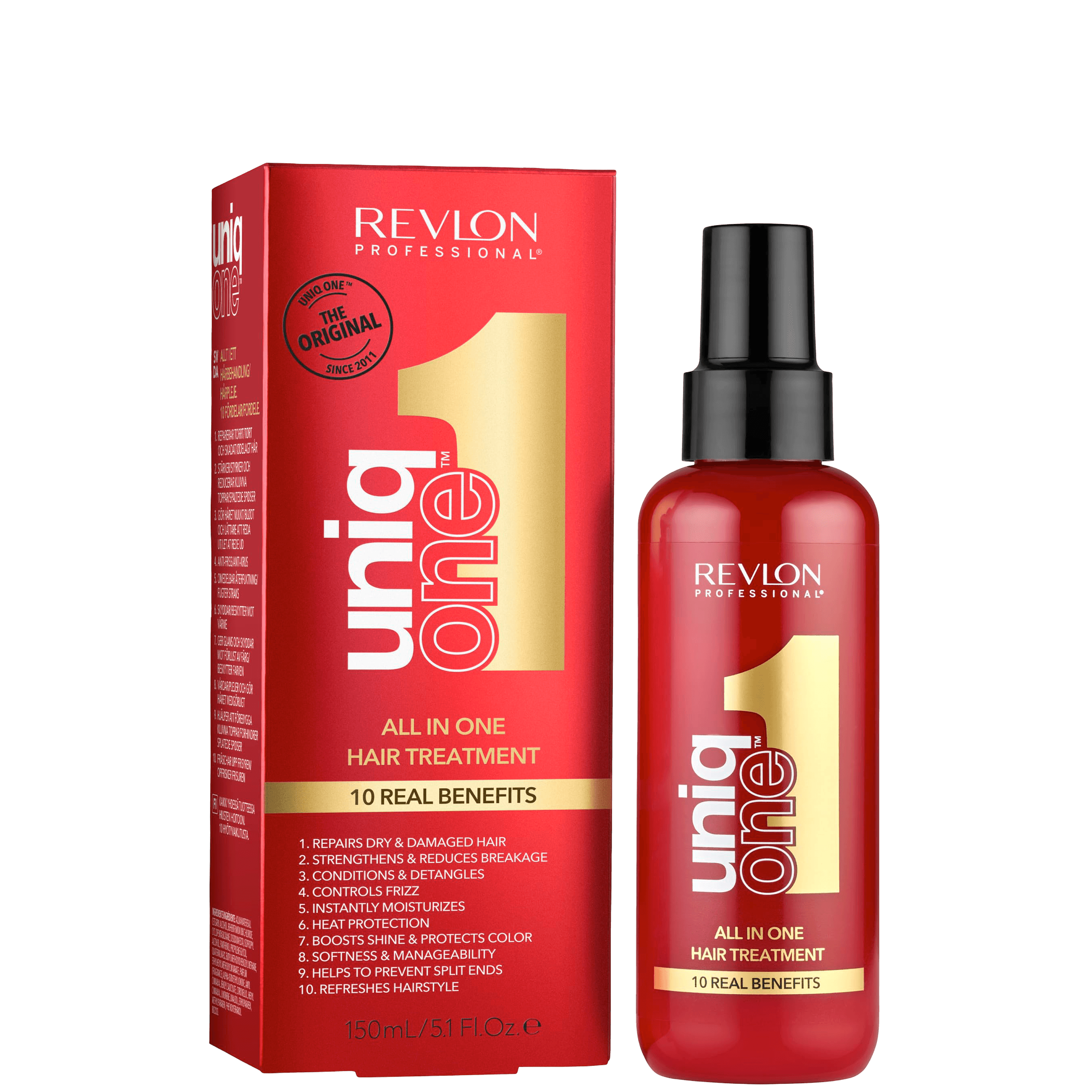 Revlon Uniq One Hair Treatment set with box and spray bottle in red packaging