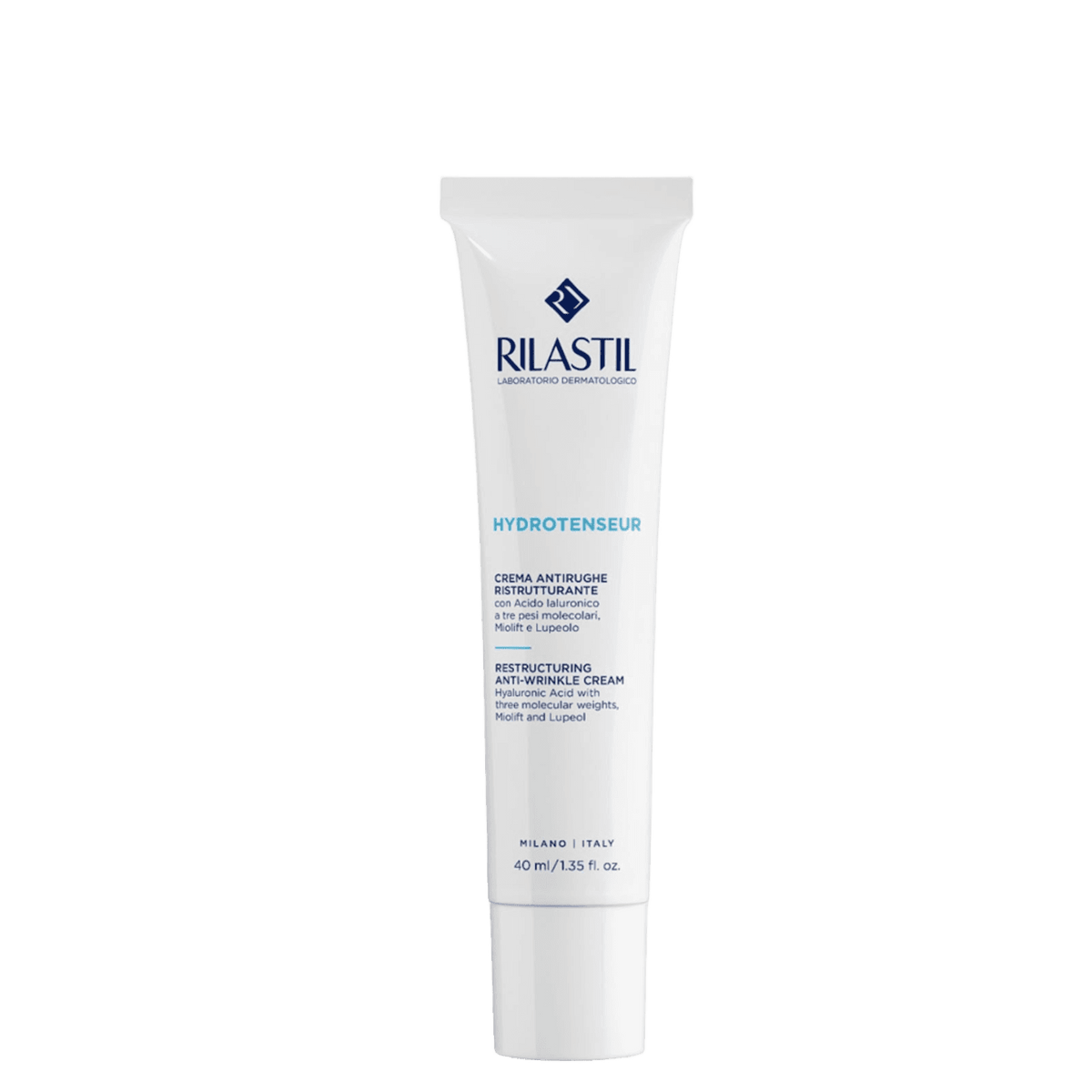 White tube of Rilastil Hydrotenseur anti-wrinkle cream with blue text, containing hyaluronic acid, designed for deep hydration and skin smoothing