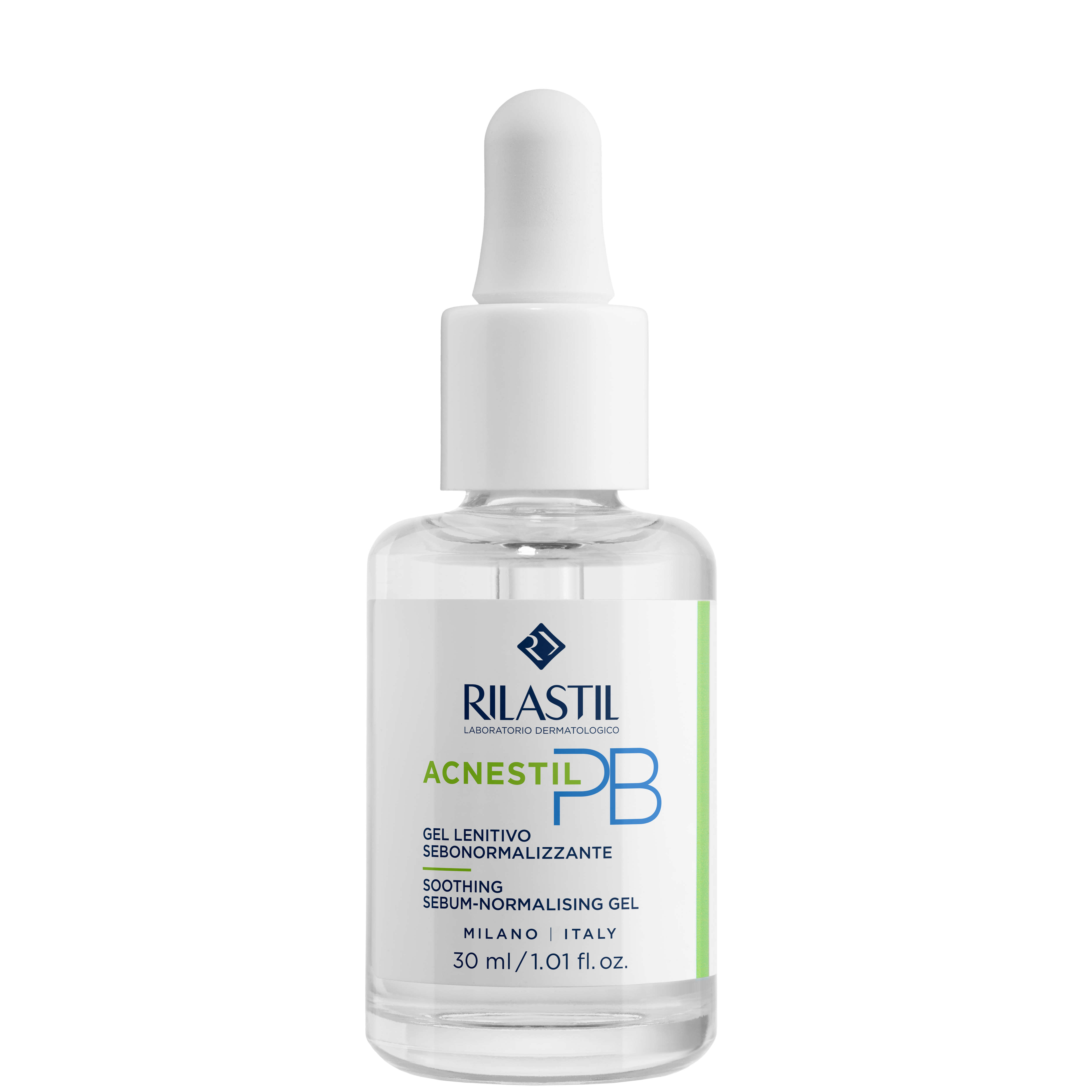 Rilastil Acnestil Gel Serum for Acne Control 30 ml with dropper bottle, designed to soothe acne and balance oily or combination skin.