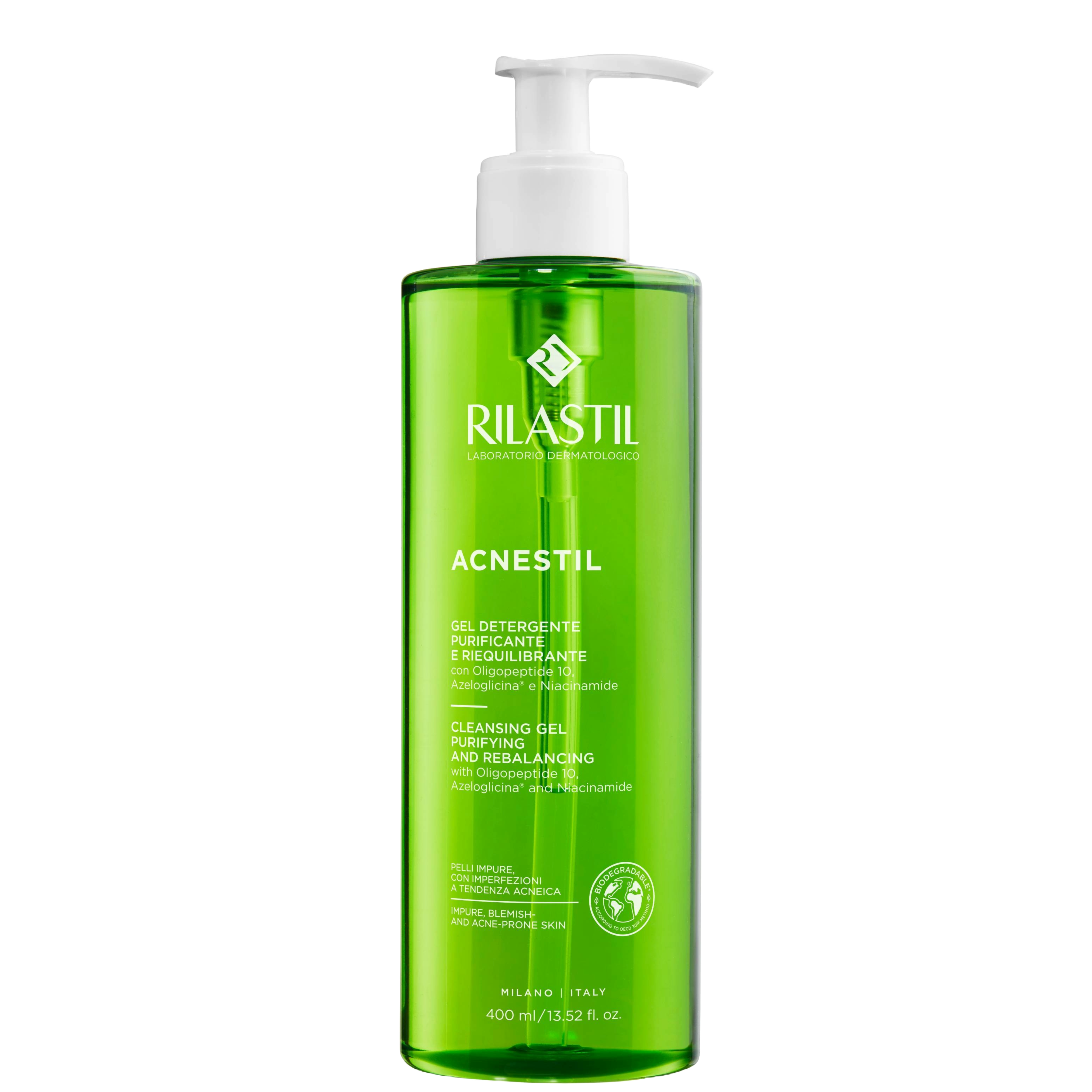 Rilastil Acnestil Cleansing Gel 400ml pump bottle for acne-prone skin, purifies pores and controls oil with gentle exfoliation and Vitamin E.