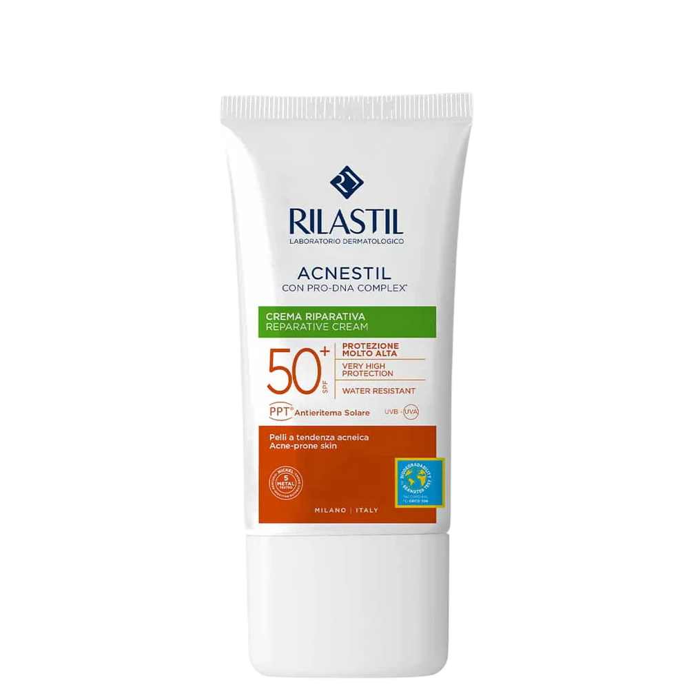 Rilastil Acnestil SPF50+ Sunblock 40 ml for acne-prone skin with water-resistant formula. Offers high UV protection and reduces excess oil.