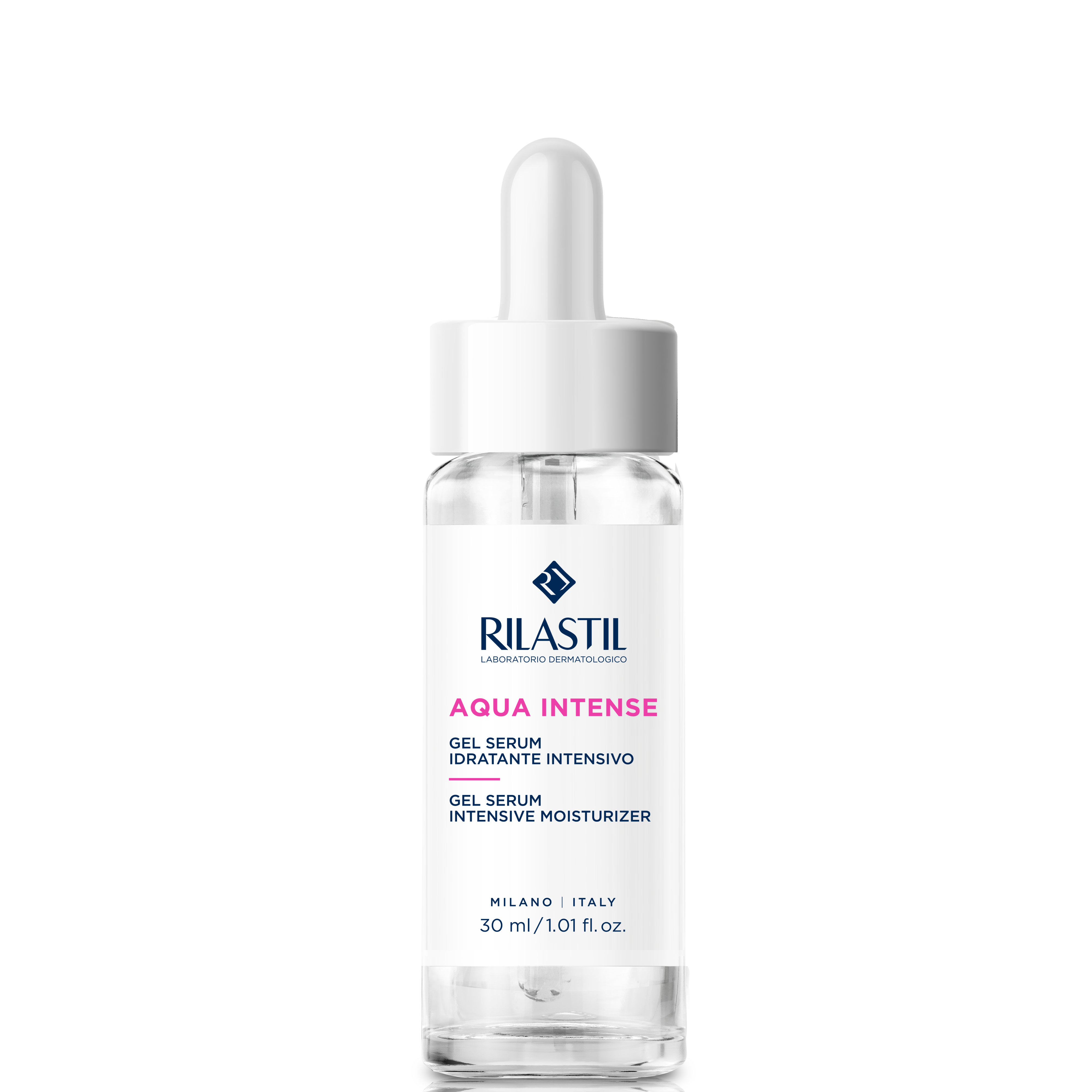 Rilastil Aqua Intense Gel Serum 30 ml facial serum for deep hydration and skin barrier support. Ideal moisturizer for all skin types with hyaluronic acid.
