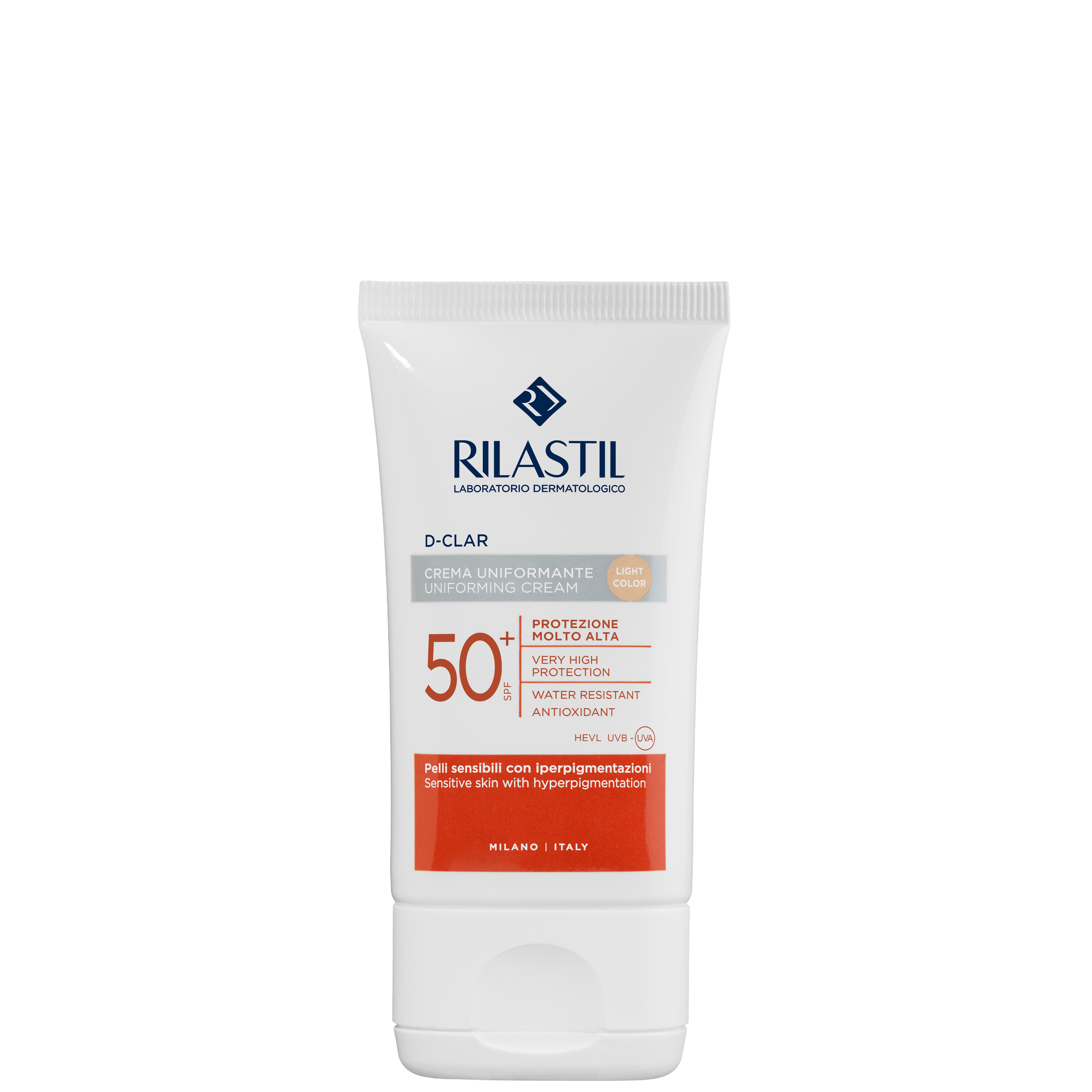 Rilastil D Clar Cream SPF50+ 40ml Light shade sunblock for hyperpigmented skin, offering high UV protection and even skin tone correction.