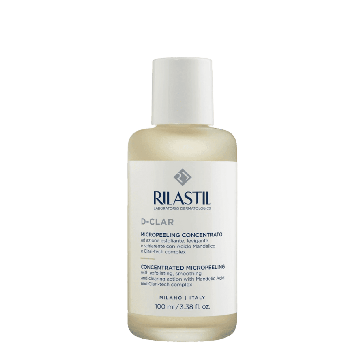 Rilastil D-Clar Micropeeling Treatment bottle with white cap, beige and white label, exfoliating skin care mask for clear skin, 100ml