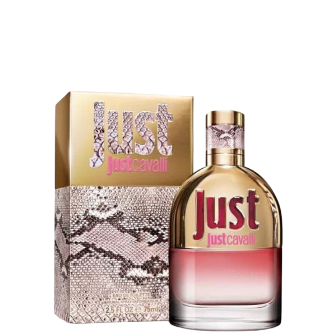 Roberto Cavalli Just Cavalli perfume 75 ml bottle with matching box, featuring pink and gold tones and snake-skin pattern design.