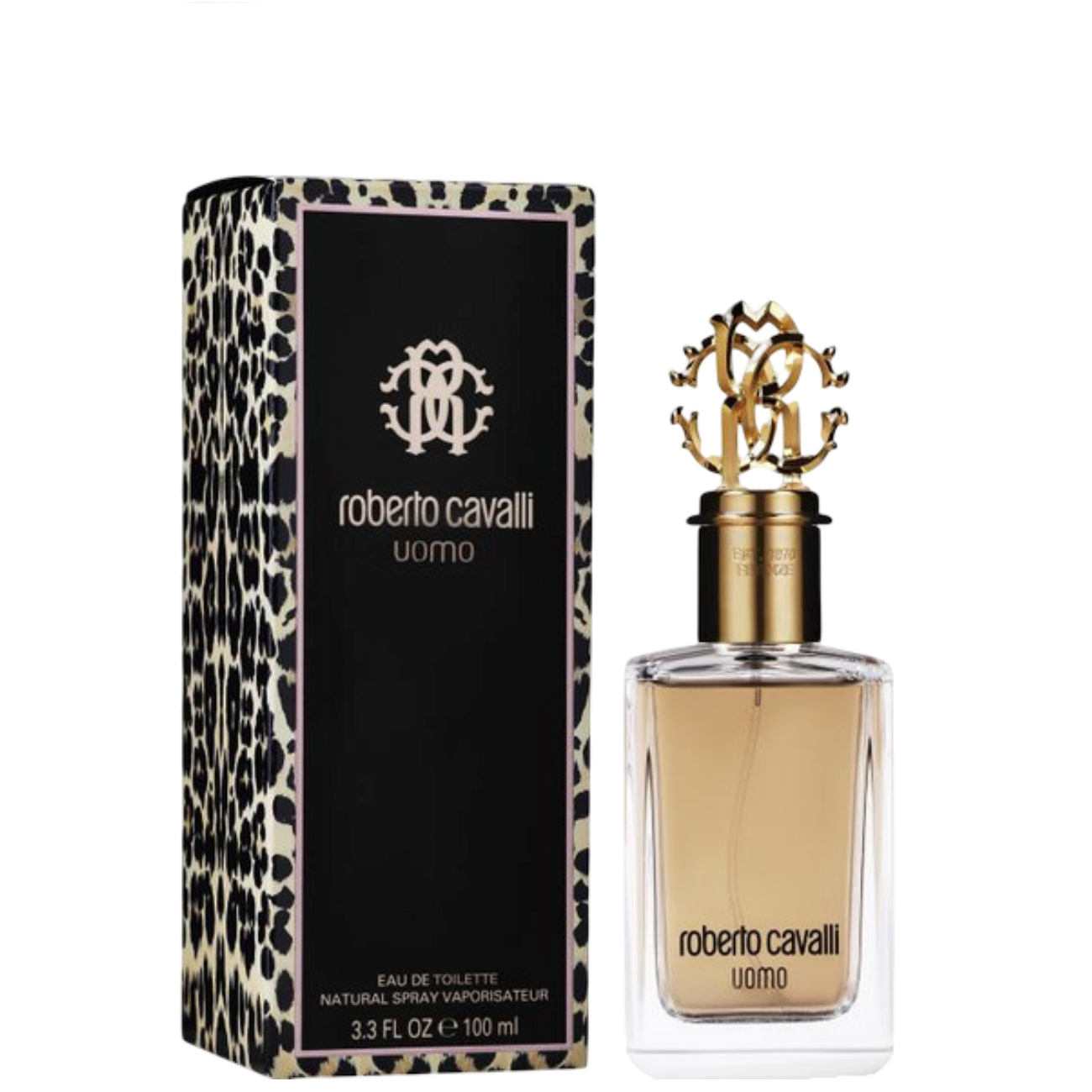 Roberto Cavalli UOMO EDT 100ml - 2016 Launch with leopard print box and gold-accented bottle. Oriental fragrance for men with violet and saffron notes.