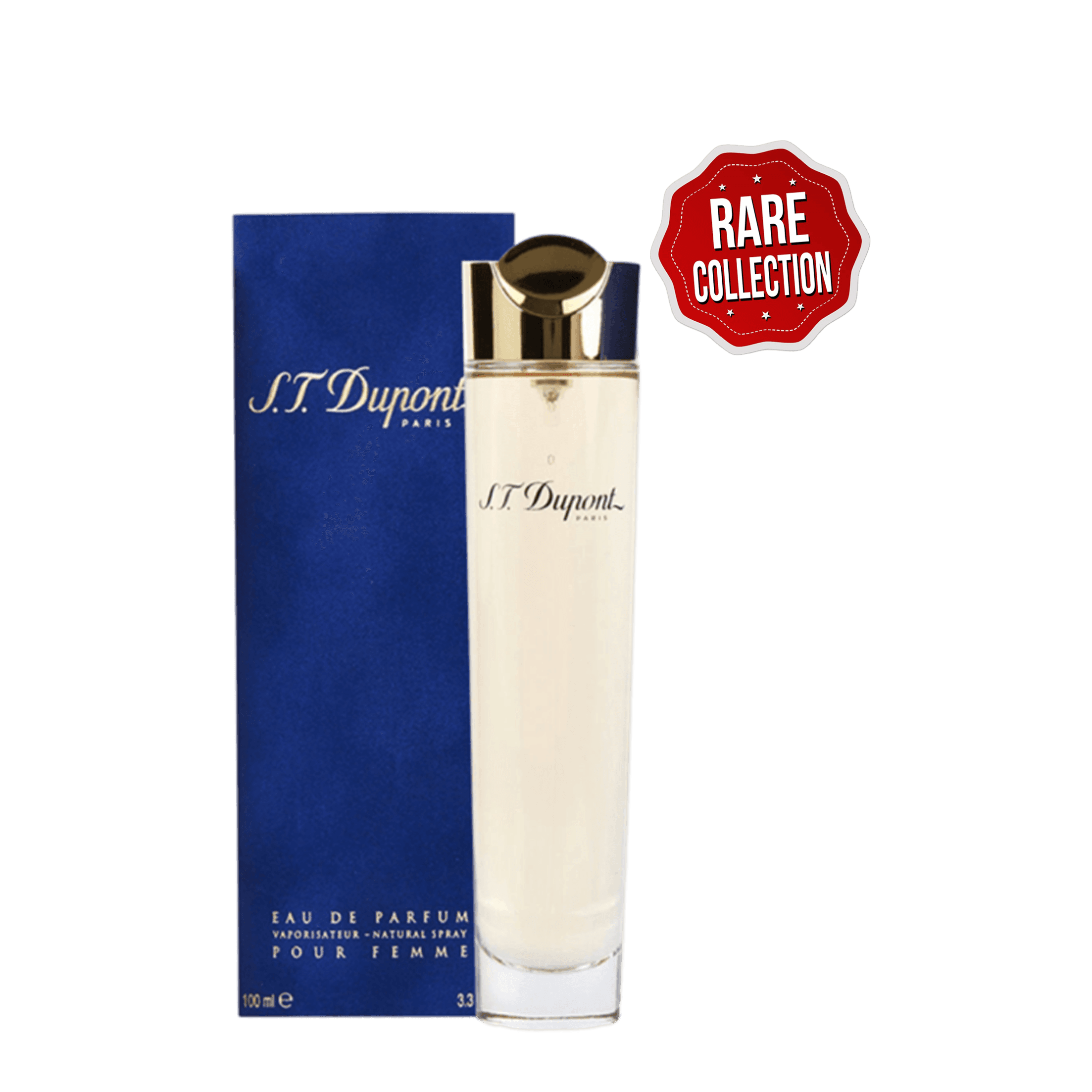S.T Dupont Pour Femme Eau De Parfum 100 ml, a rare and discontinued women's fragrance. Elegant bottle with gold accents, presented in a blue box.