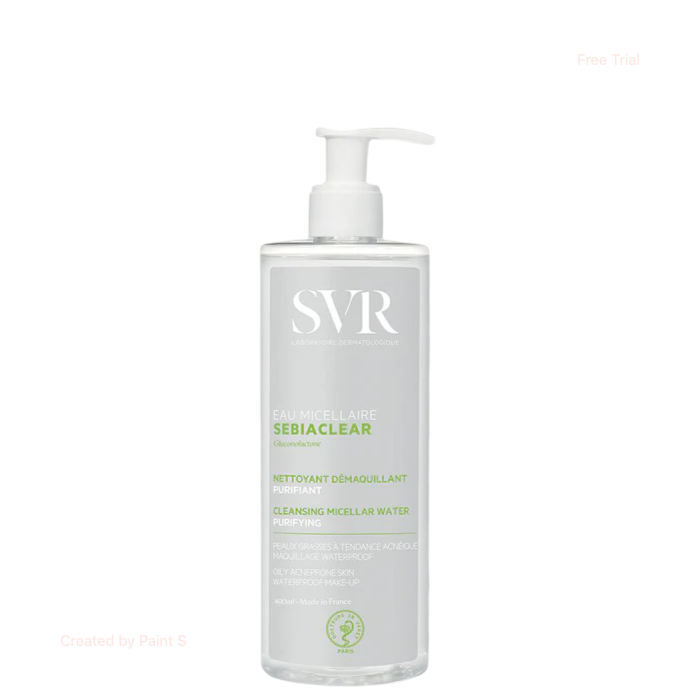 SVR Sebiaclear Micellar Water 400 ml with pump dispenser, purifying makeup remover for oily skin, ideal for unclogging pores and reducing excess oil.
