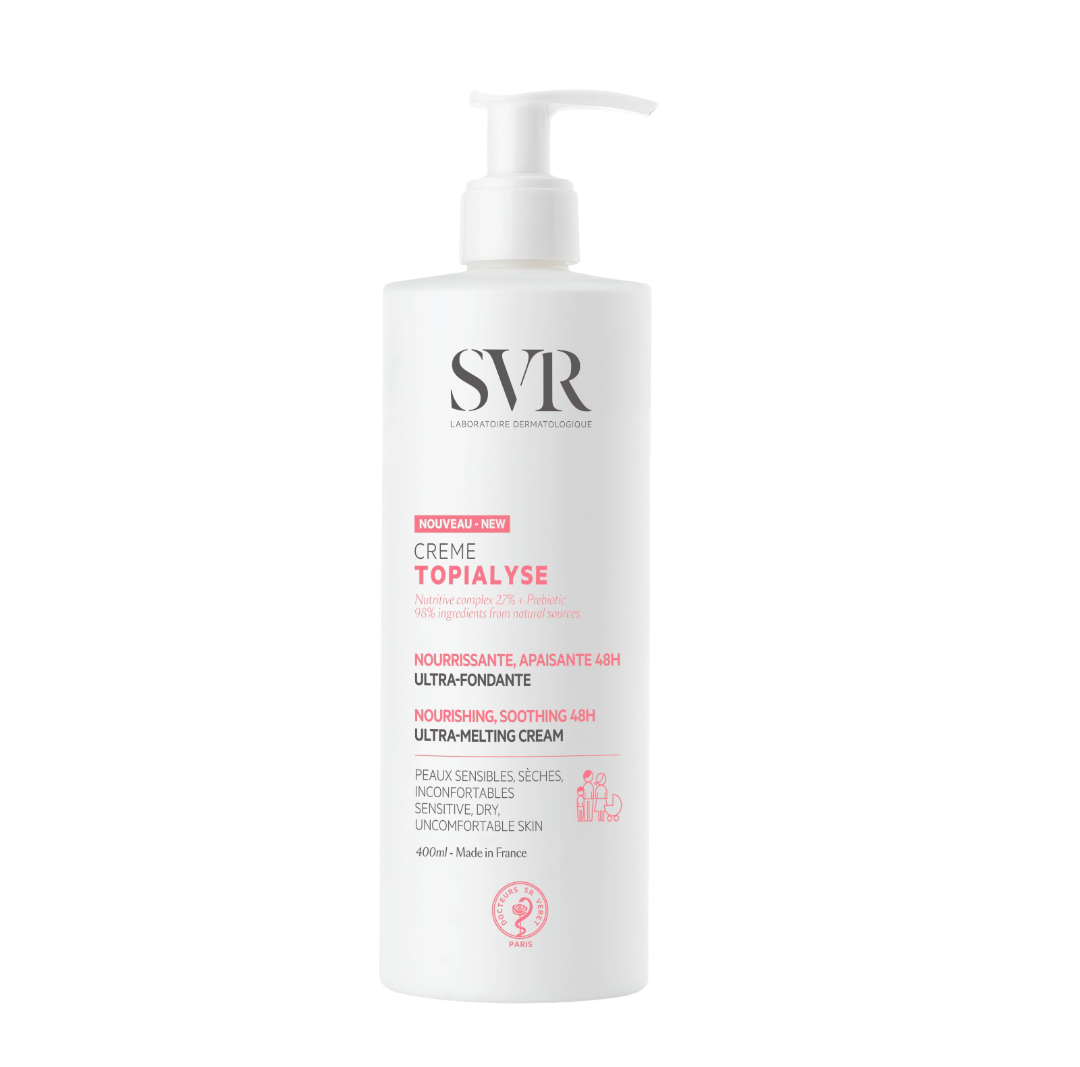 SVR Topialyse Cream 400ml facial moisturizer for dry sensitive skin with shea butter and coconut oils in a white pump bottle. Ideal for long-lasting hydration.