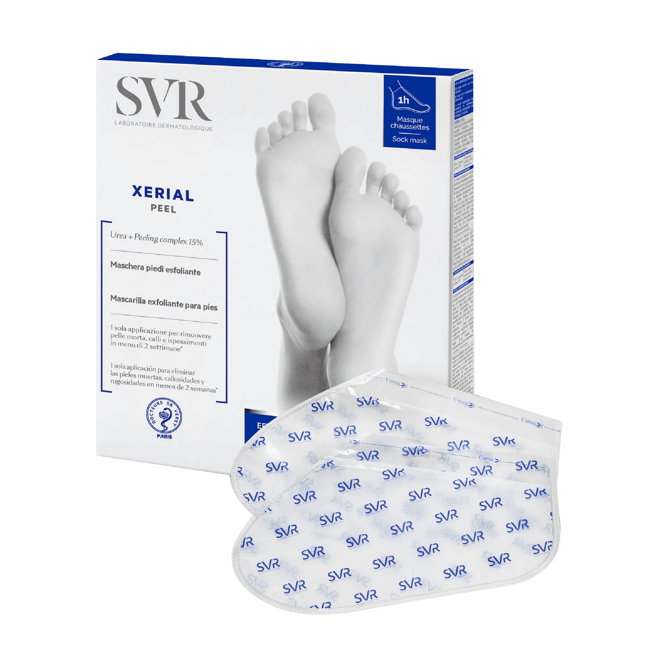 SVR Xerial Peel Socks exfoliating foot masks with 15% urea to remove dead skin and calluses. Includes a pair of peel socks for smooth, revitalized feet.